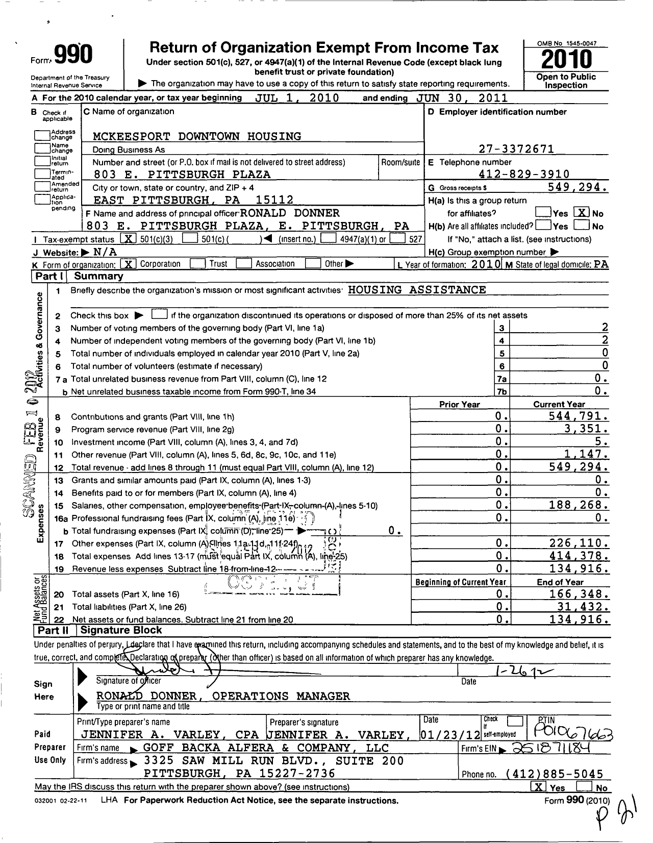 Image of first page of 2010 Form 990 for Allegheny Council To Improve Our Neighborhoods Housing Incorporated / Mckeesport Downtown Housing