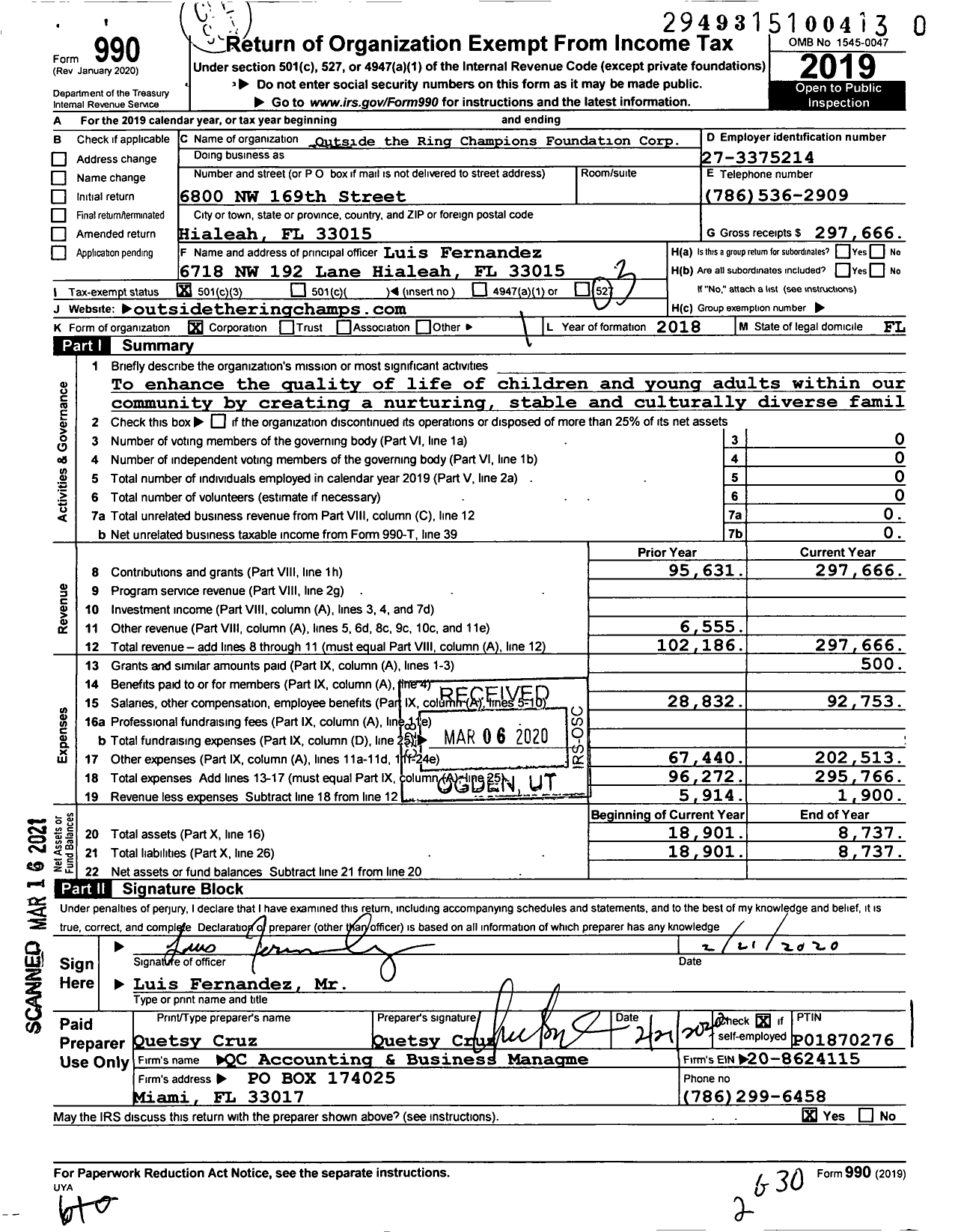 Image of first page of 2019 Form 990 for Outside the Ring Champions Foundation Corp