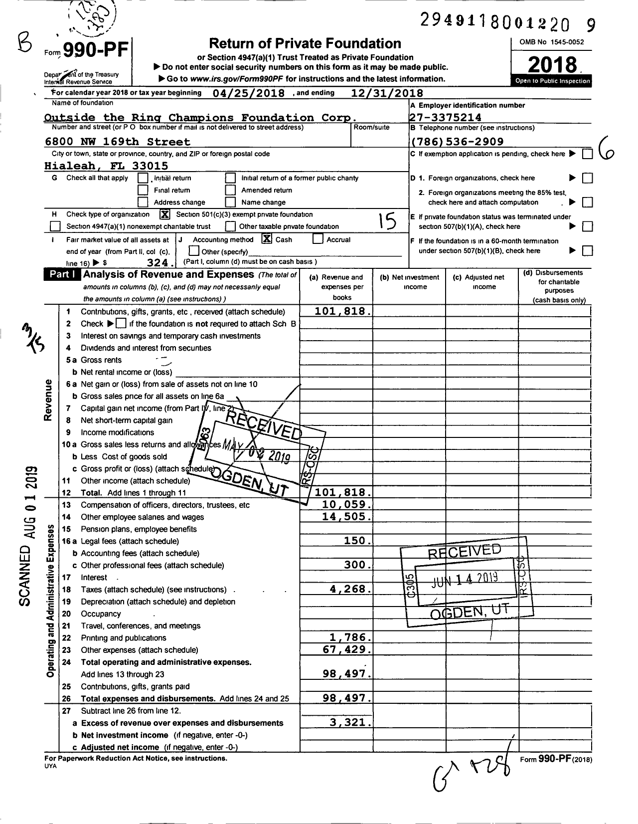 Image of first page of 2018 Form 990PF for Outside the Ring Champions Foundation Corp