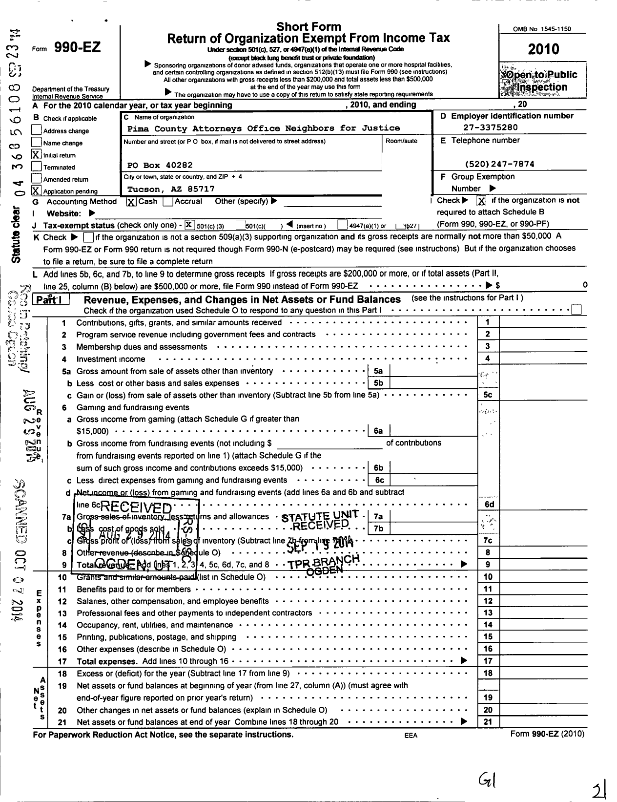 Image of first page of 2010 Form 990EZ for Pima County Attorneys Office Neighbors for Justice