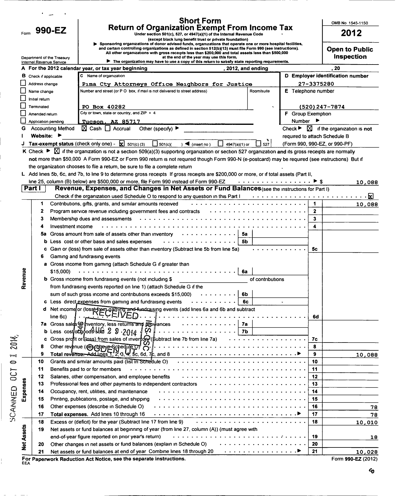 Image of first page of 2012 Form 990EZ for Pima County Attorneys Office Neighbors for Justice