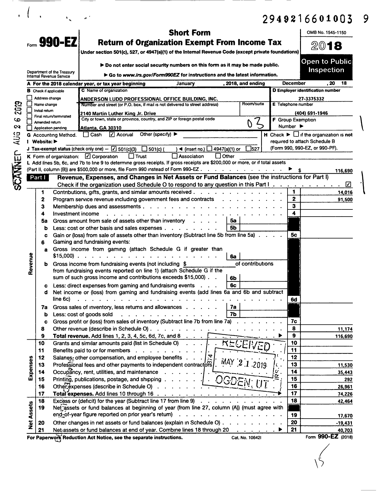 Image of first page of 2018 Form 990EZ for Anderson Ludd Professional Office Building