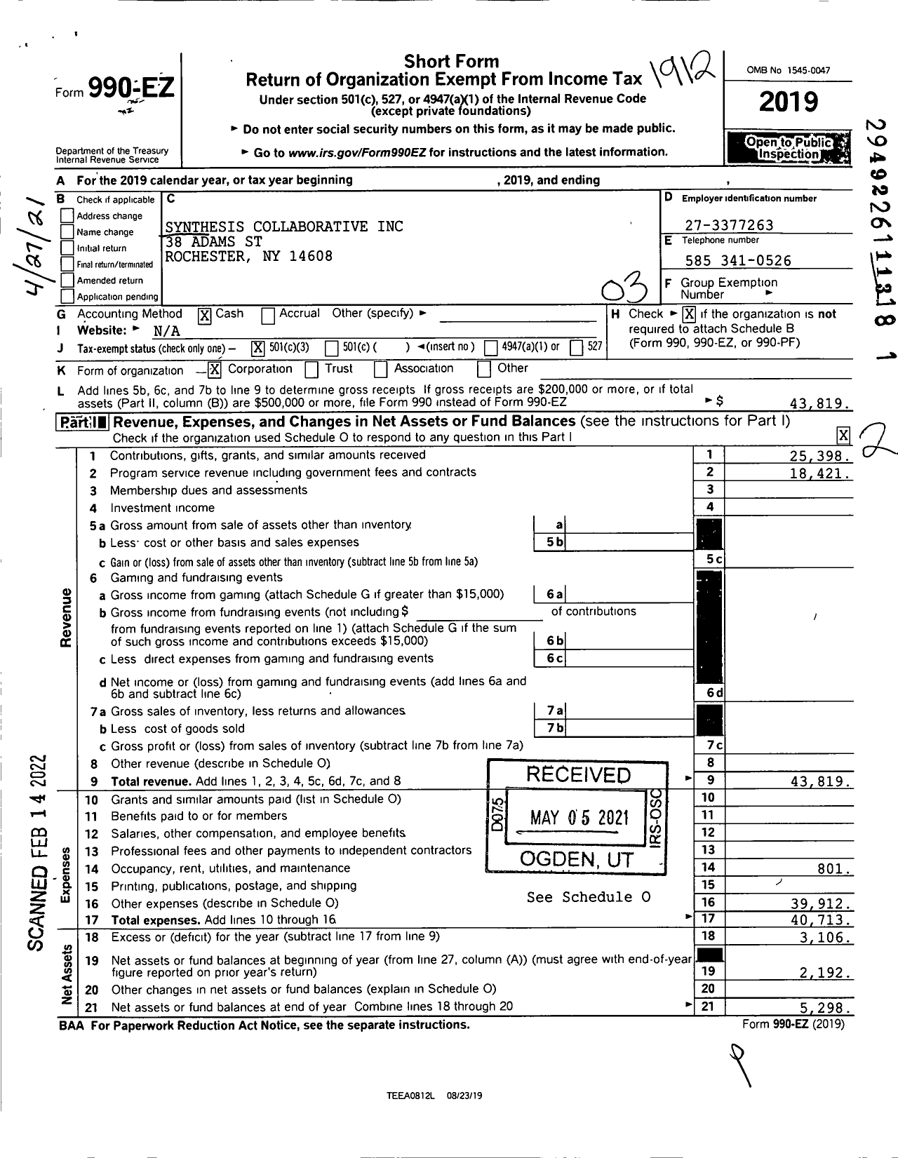 Image of first page of 2019 Form 990EZ for Synthesis Collaborative