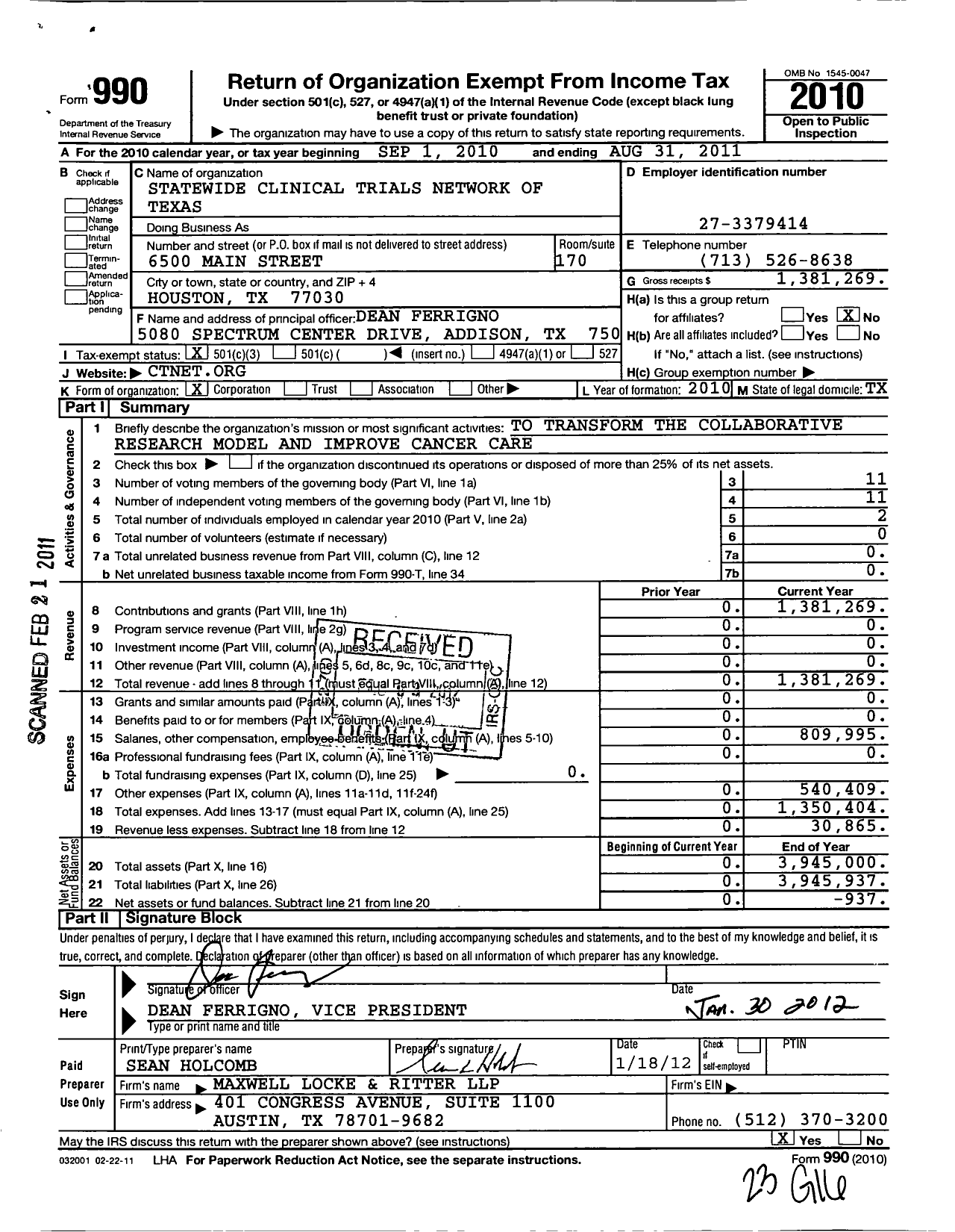 Image of first page of 2010 Form 990 for Statewide Clinical Trials Network of Texas