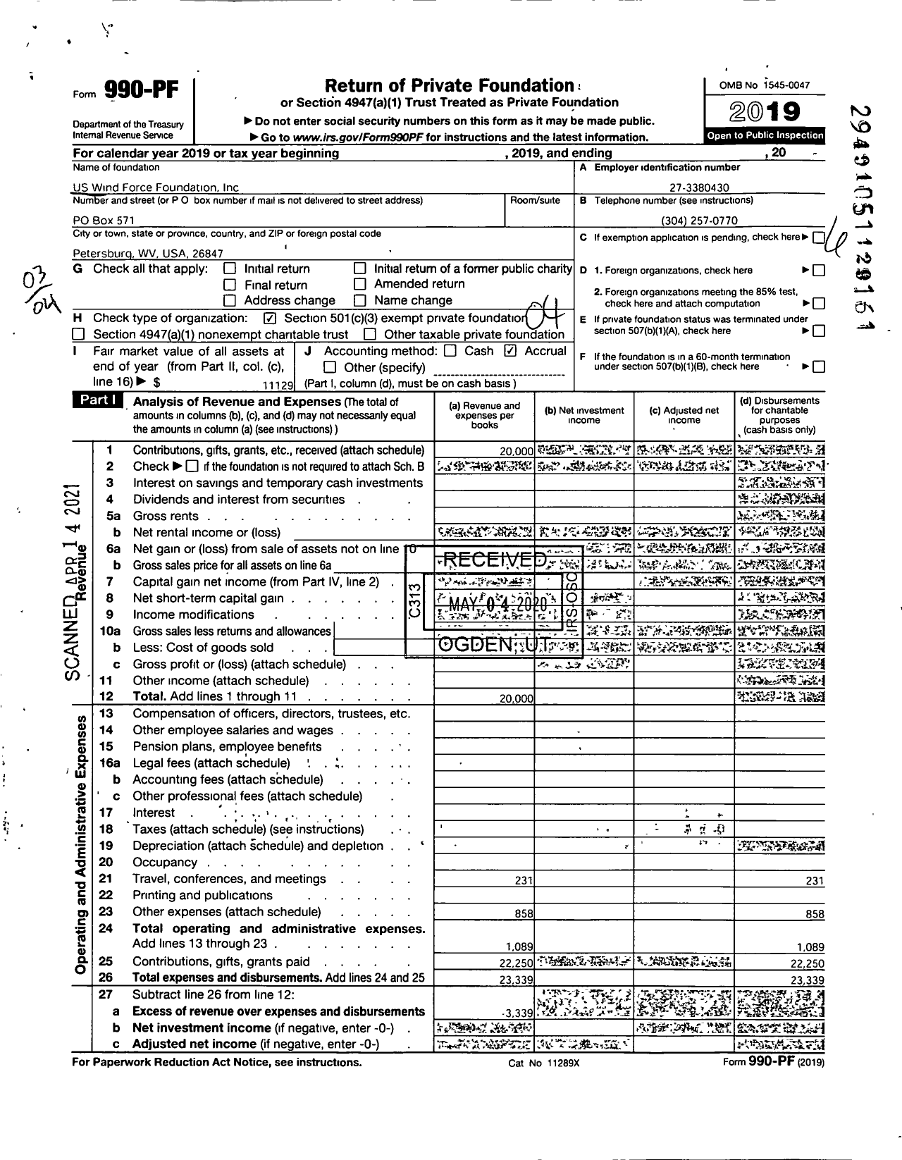 Image of first page of 2019 Form 990PF for Us Wind Force Foundation