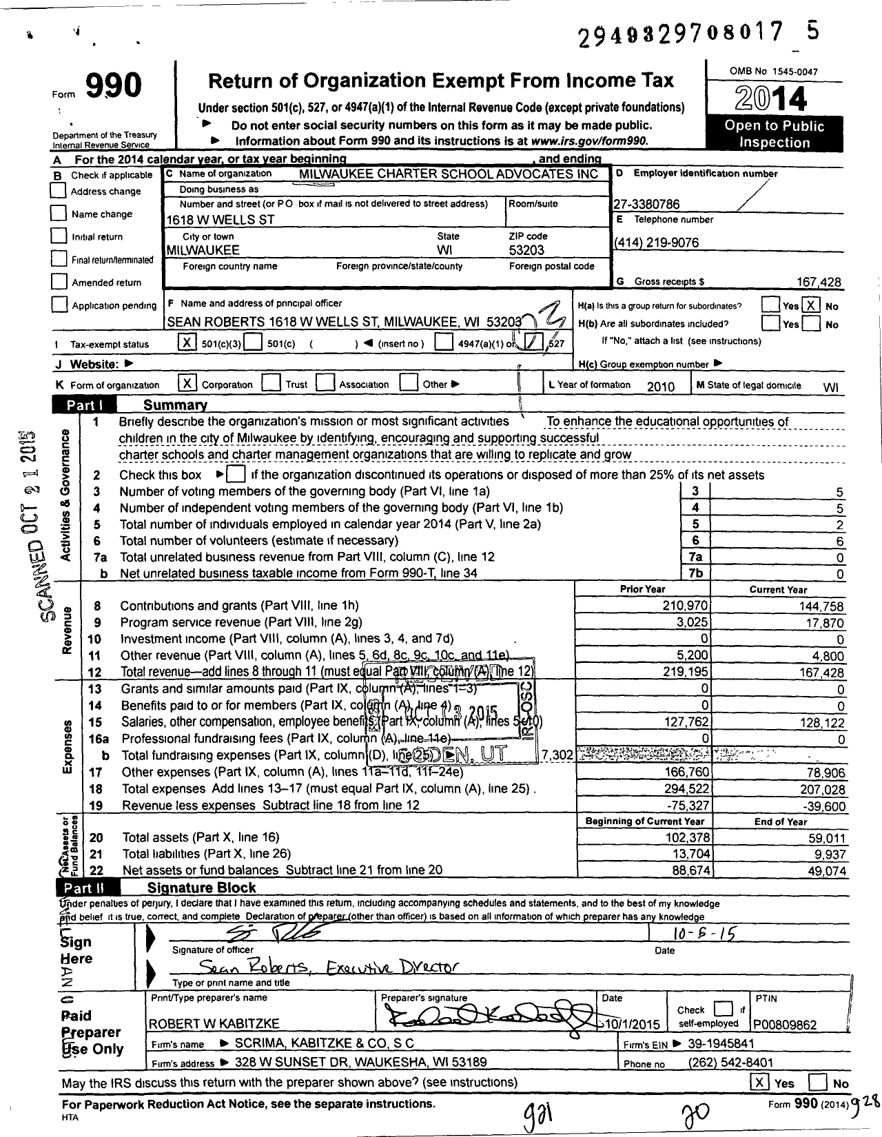 Image of first page of 2014 Form 990 for Wisconsin Independent Charter School Advocates