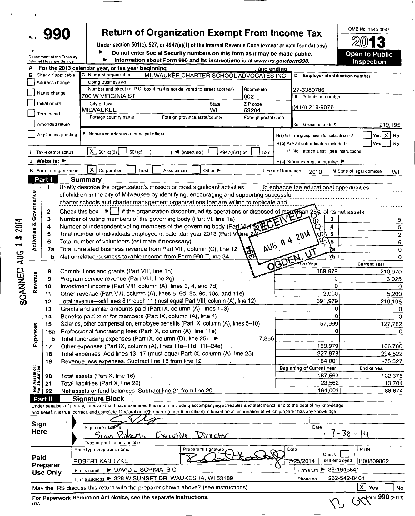 Image of first page of 2013 Form 990 for Wisconsin Independent Charter School Advocates