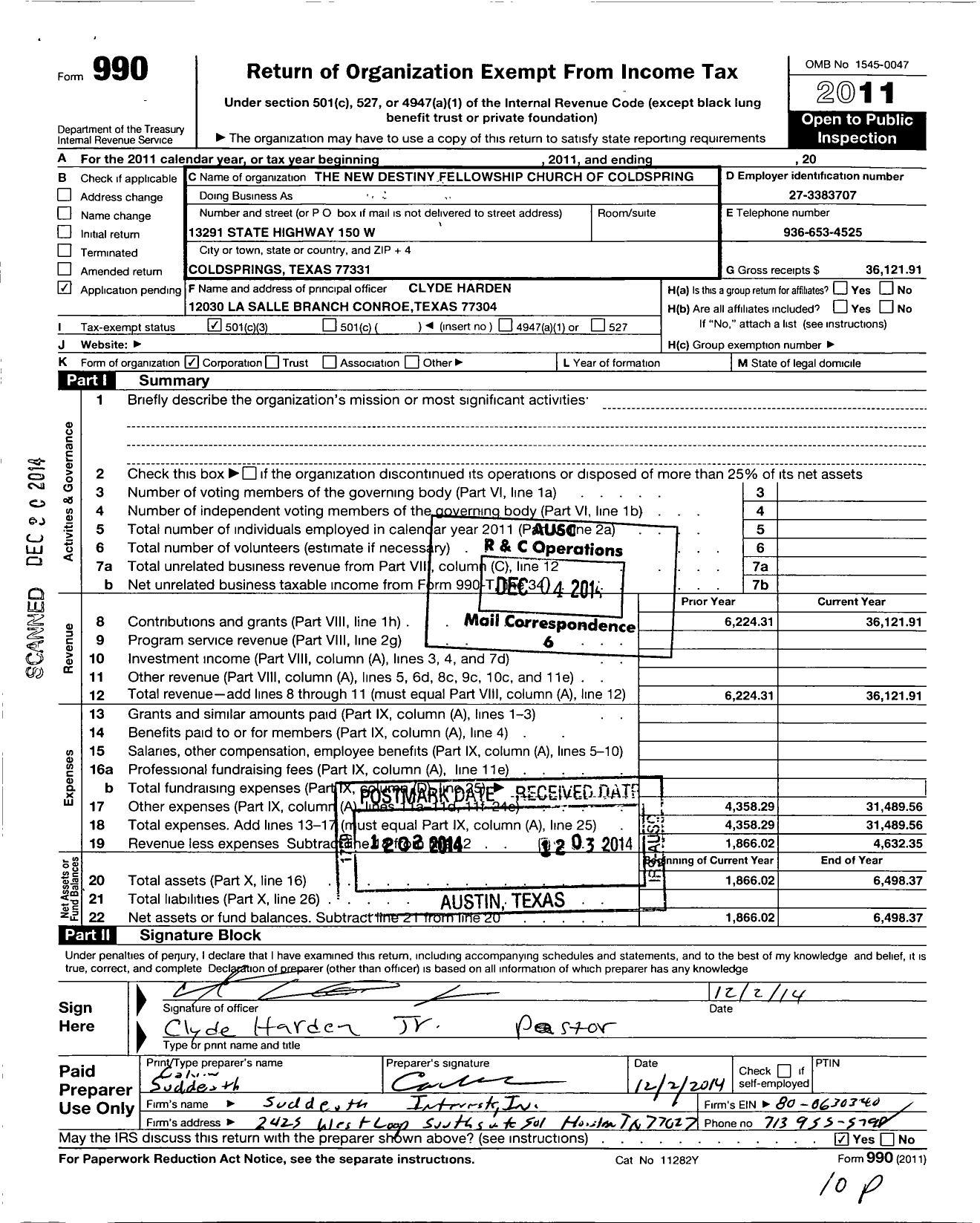 Image of first page of 2011 Form 990 for The New Destiny Fellowship Church of Coldspring