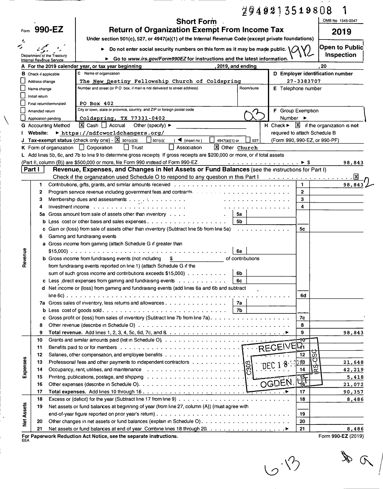 Image of first page of 2019 Form 990EZ for The New Destiny Fellowship Church of Coldspring