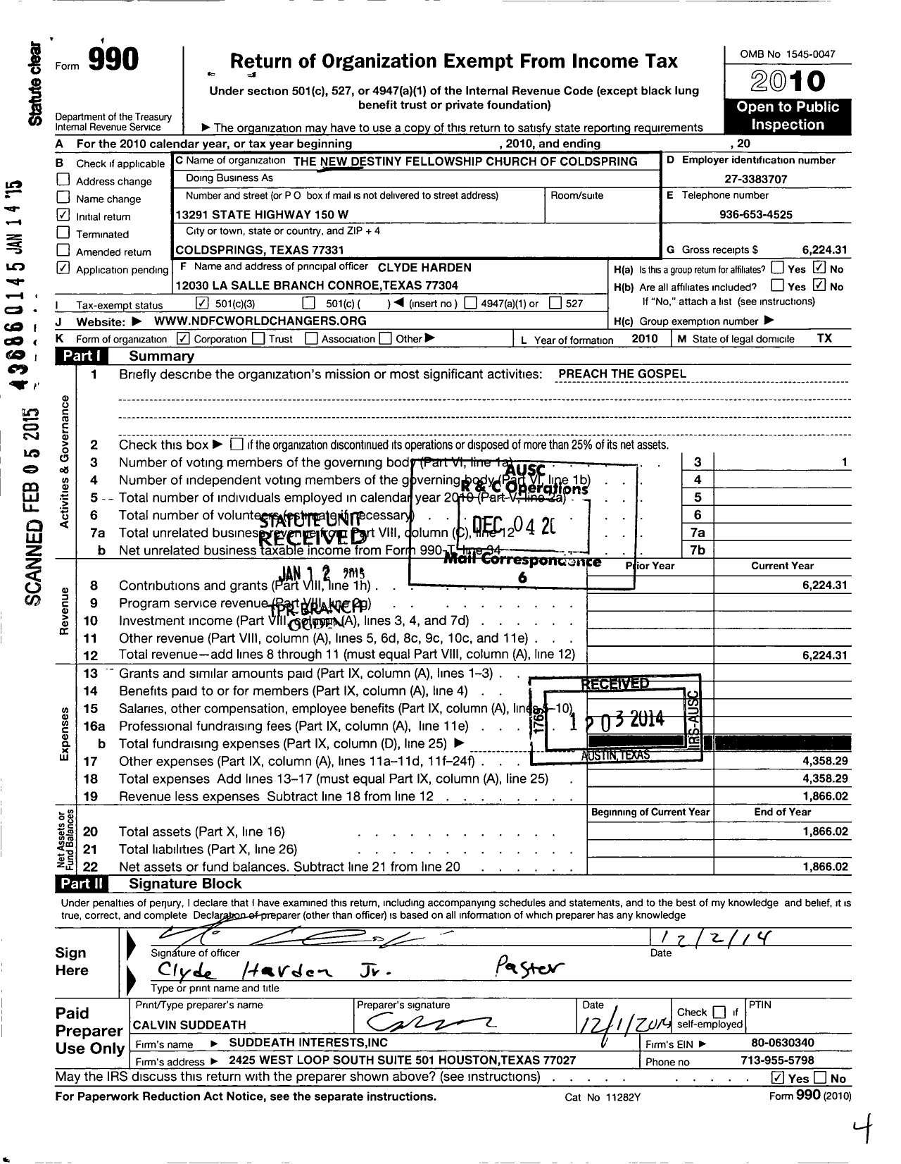 Image of first page of 2010 Form 990 for The New Destiny Fellowship Church of Coldspring