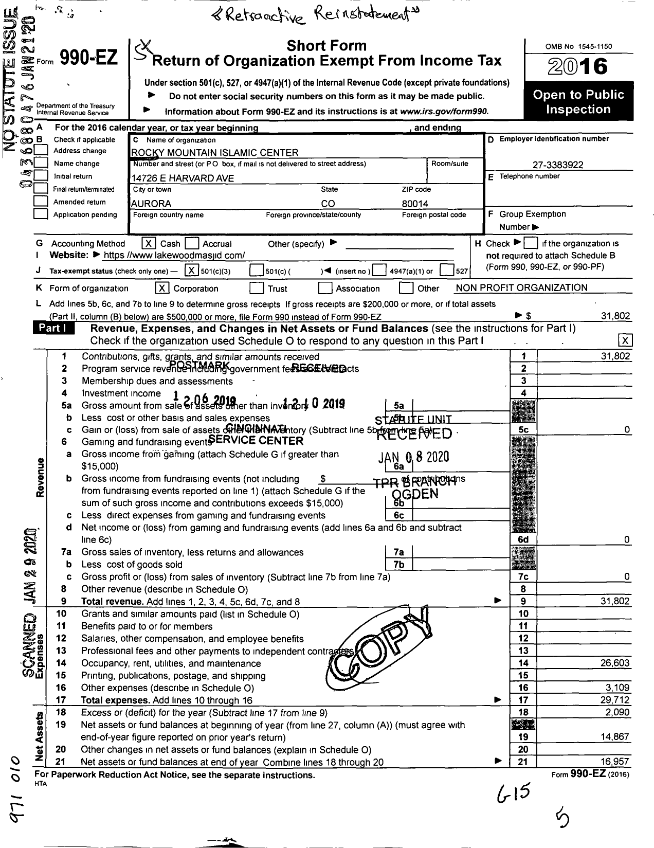 Image of first page of 2016 Form 990EA for Rocky Mountain Islamic Center