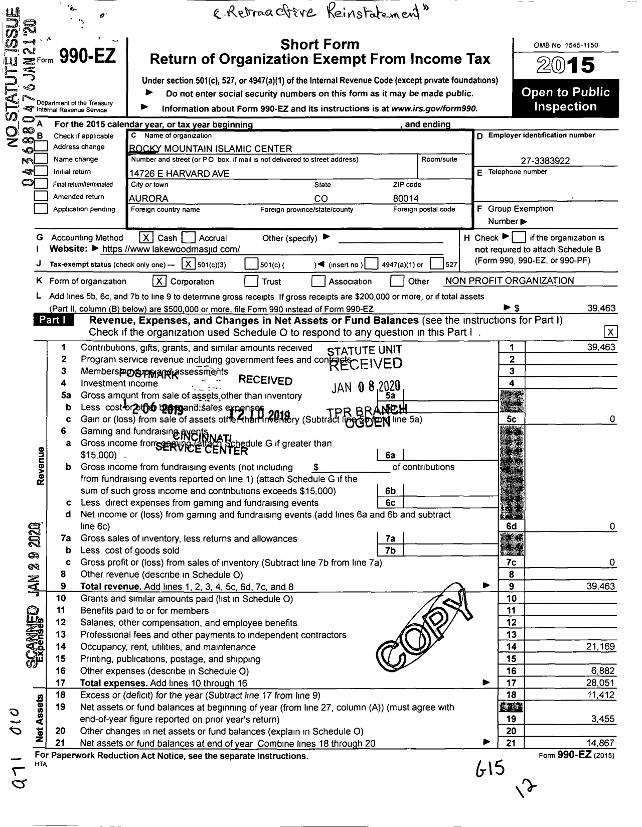 Image of first page of 2015 Form 990EA for Rocky Mountain Islamic Center