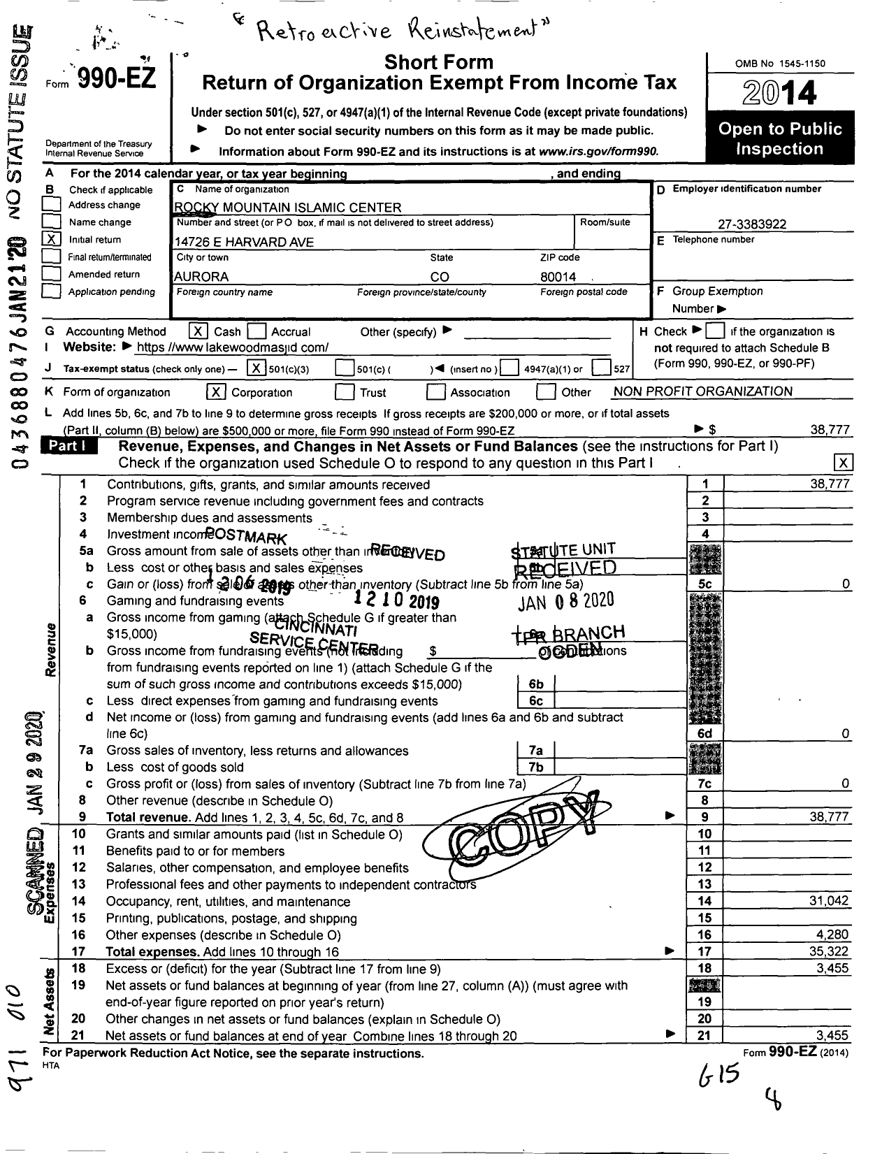 Image of first page of 2014 Form 990EA for Rocky Mountain Islamic Center