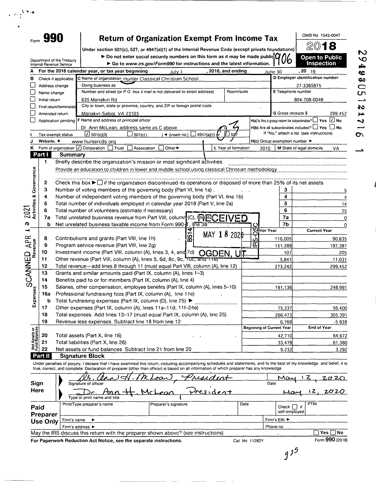 Image of first page of 2018 Form 990 for Hunter Classical Christian School