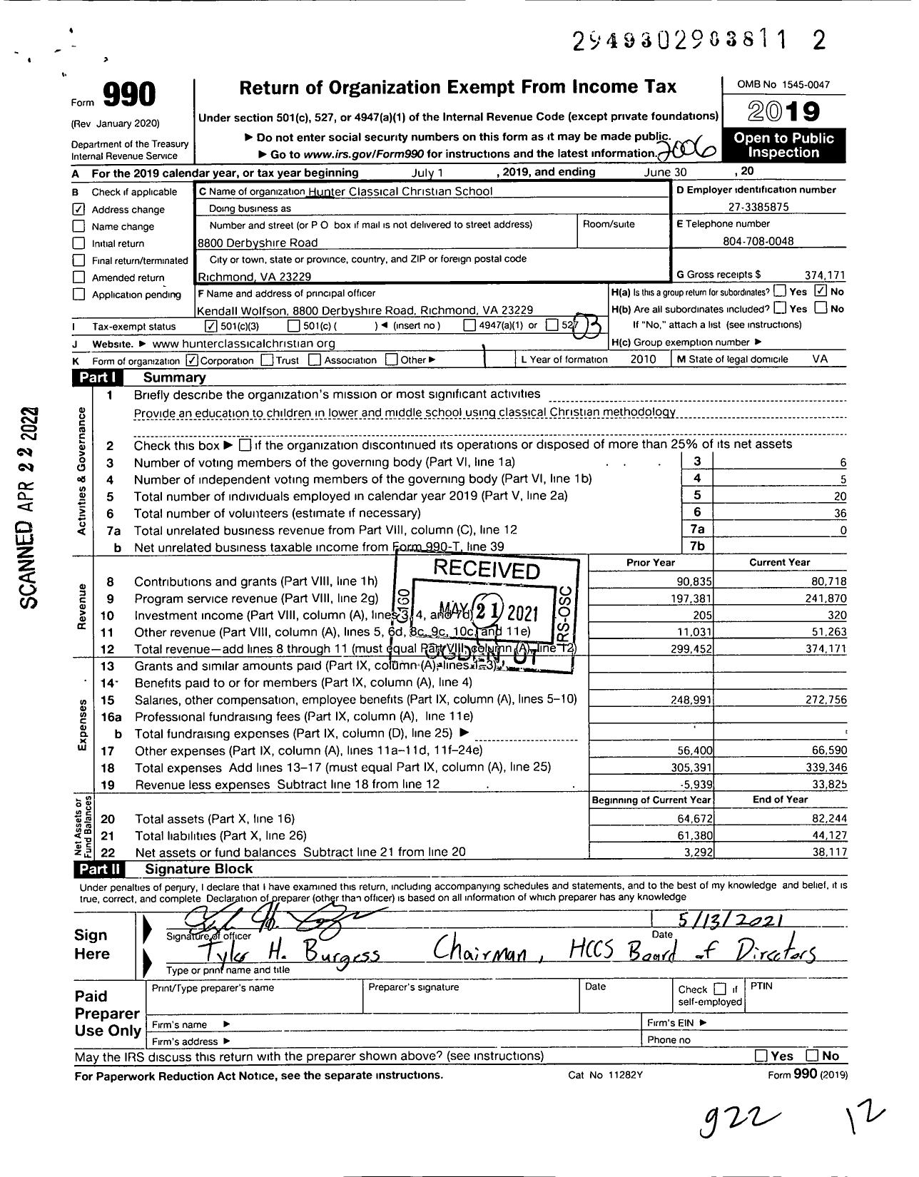 Image of first page of 2019 Form 990 for Hunter Classical Christian School