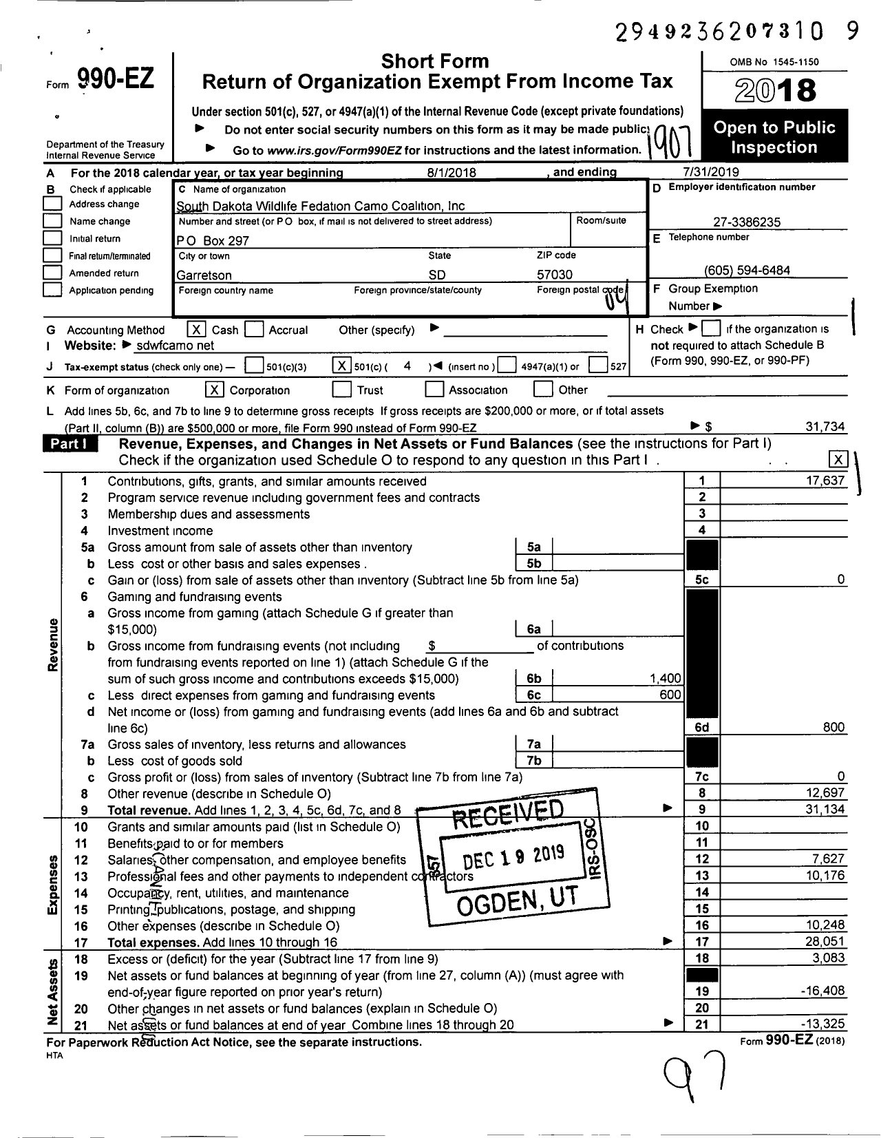 Image of first page of 2018 Form 990EO for South Dakota Wildlife Federation Camo Coalition