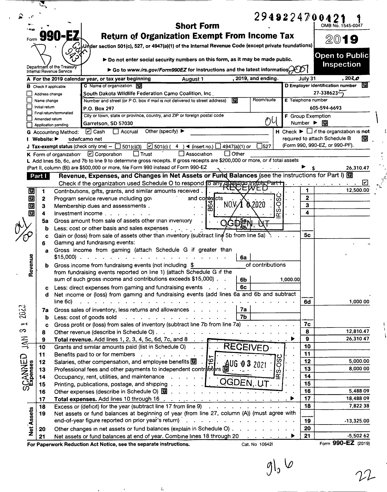 Image of first page of 2019 Form 990EO for South Dakota Wildlife Federation Camo Coalition