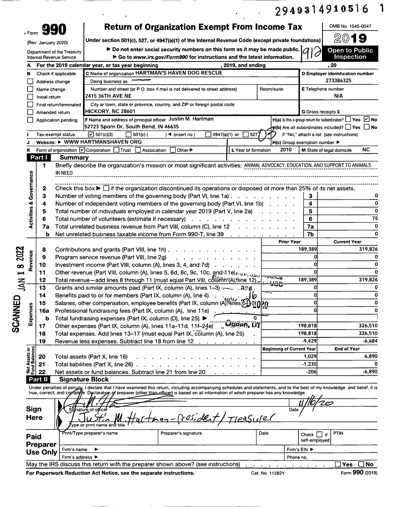Image of first page of 2019 Form 990 for Hartman's Haven Dog Rescue