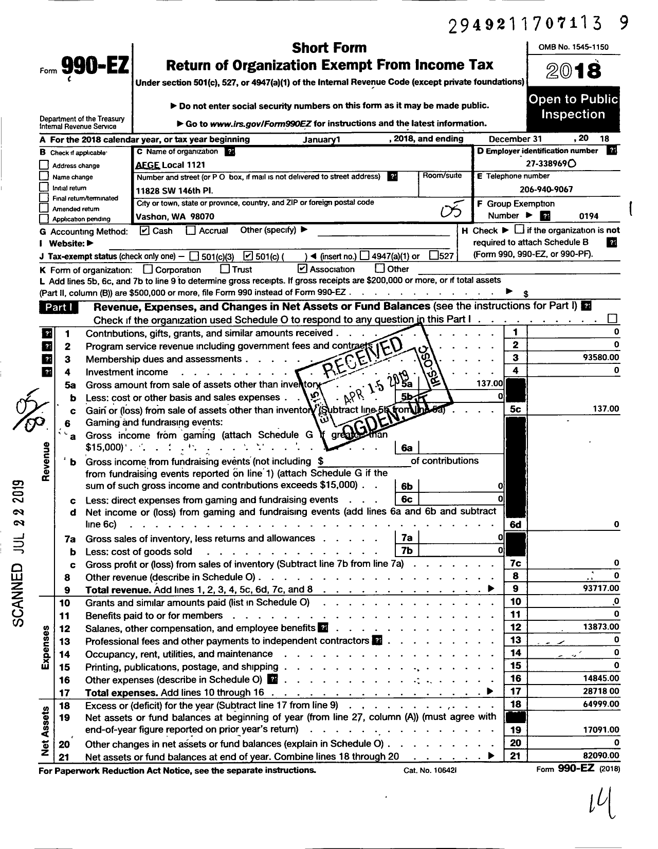 Image of first page of 2018 Form 990EO for American Federation of Government Employees - 1121 AFGE Tsa Local