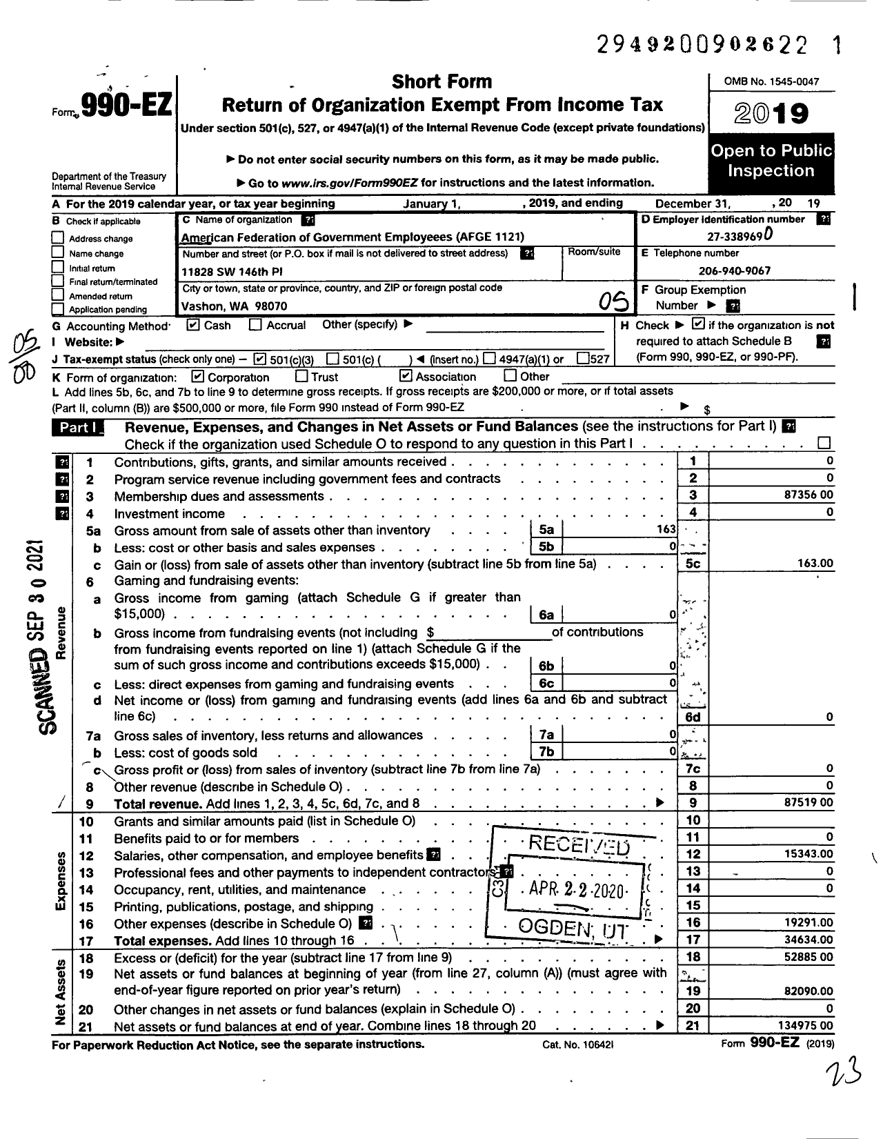 Image of first page of 2019 Form 990EO for American Federation of Government Employees - 1121 AFGE Tsa Local