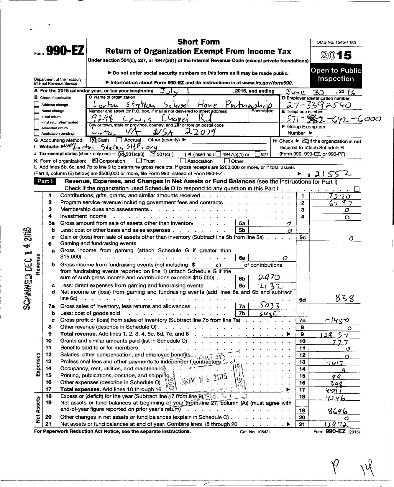 Image of first page of 2015 Form 990EZ for Lorton Station School and Home Partnership