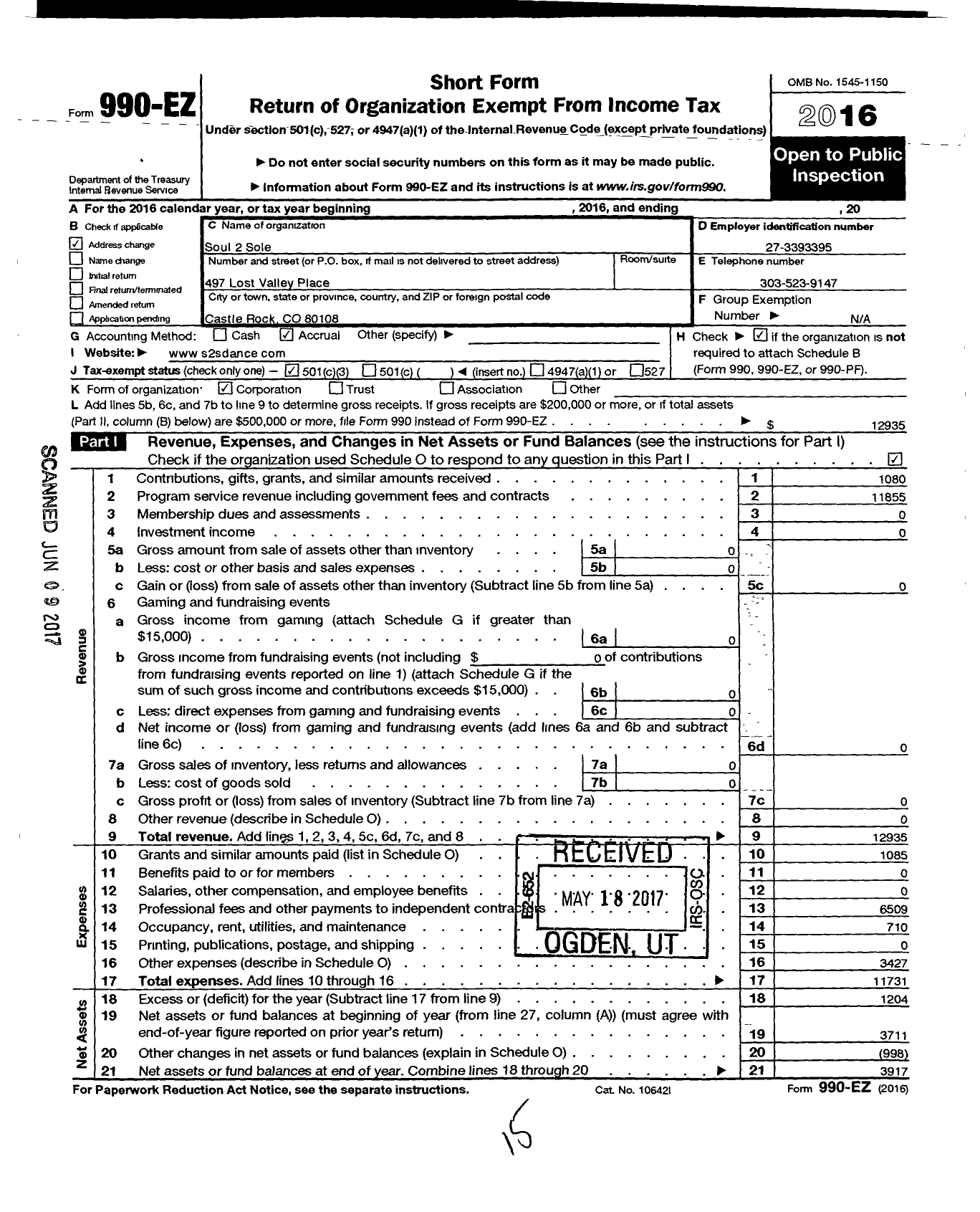 Image of first page of 2016 Form 990EZ for Soul 2 Sole