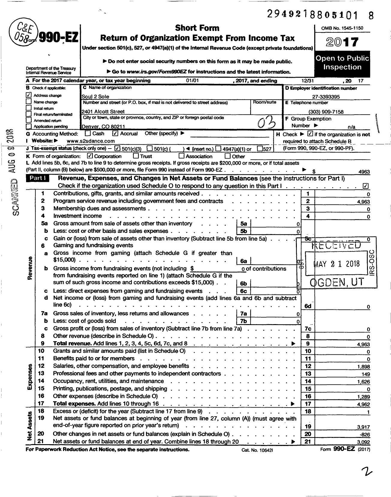 Image of first page of 2017 Form 990EZ for Soul 2 Sole