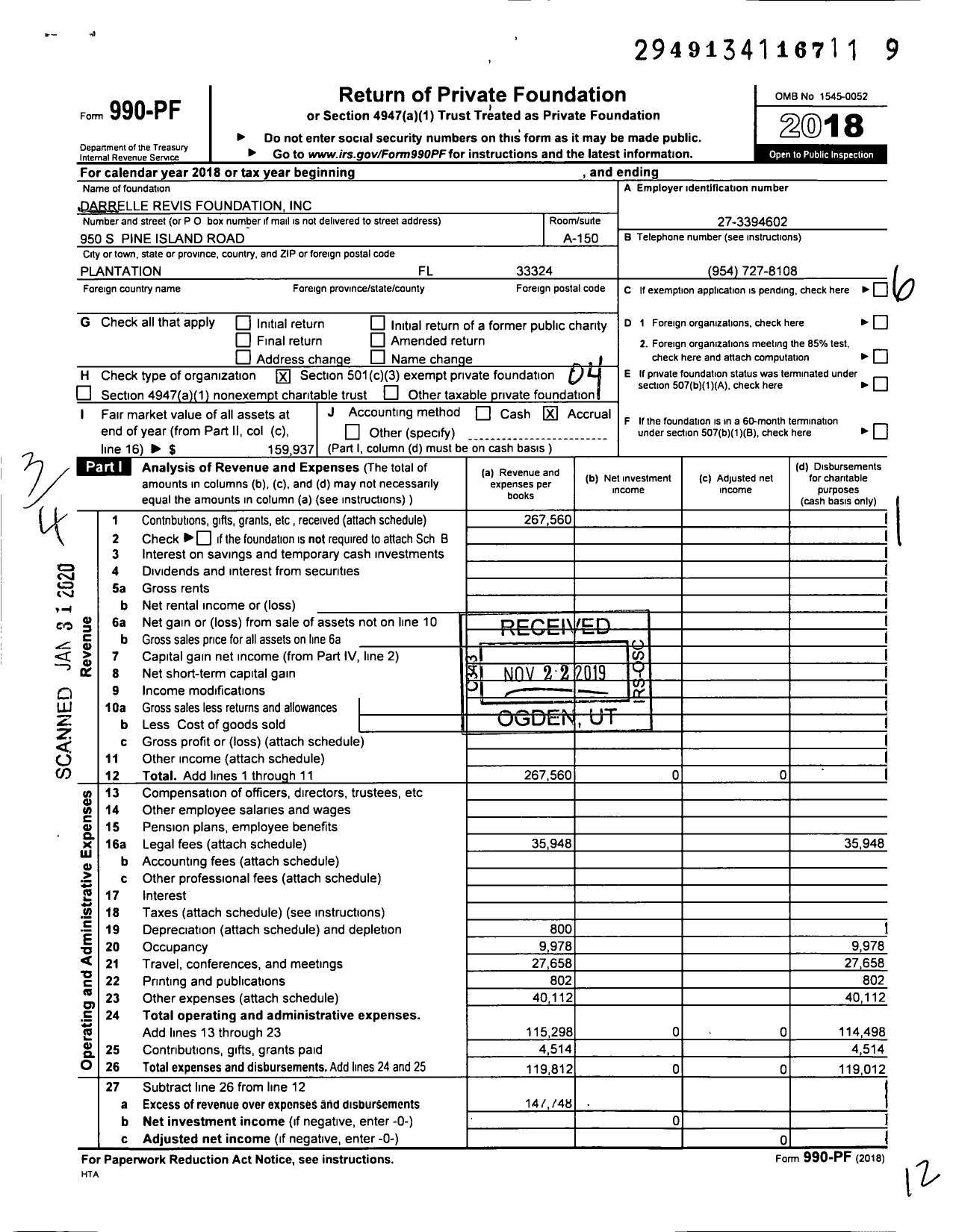 Image of first page of 2018 Form 990PF for Darrelle Revis Foundation