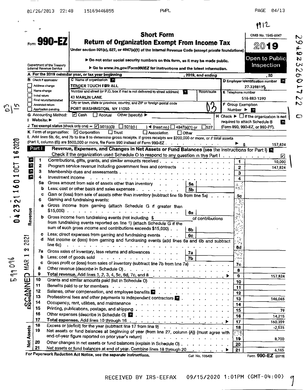 Image of first page of 2019 Form 990EZ for Tender Touch for All