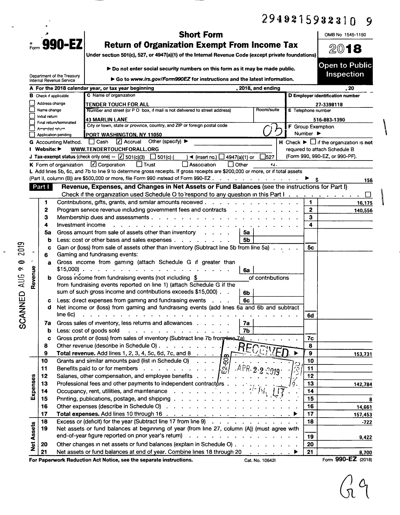 Image of first page of 2018 Form 990EZ for Tender Touch for All