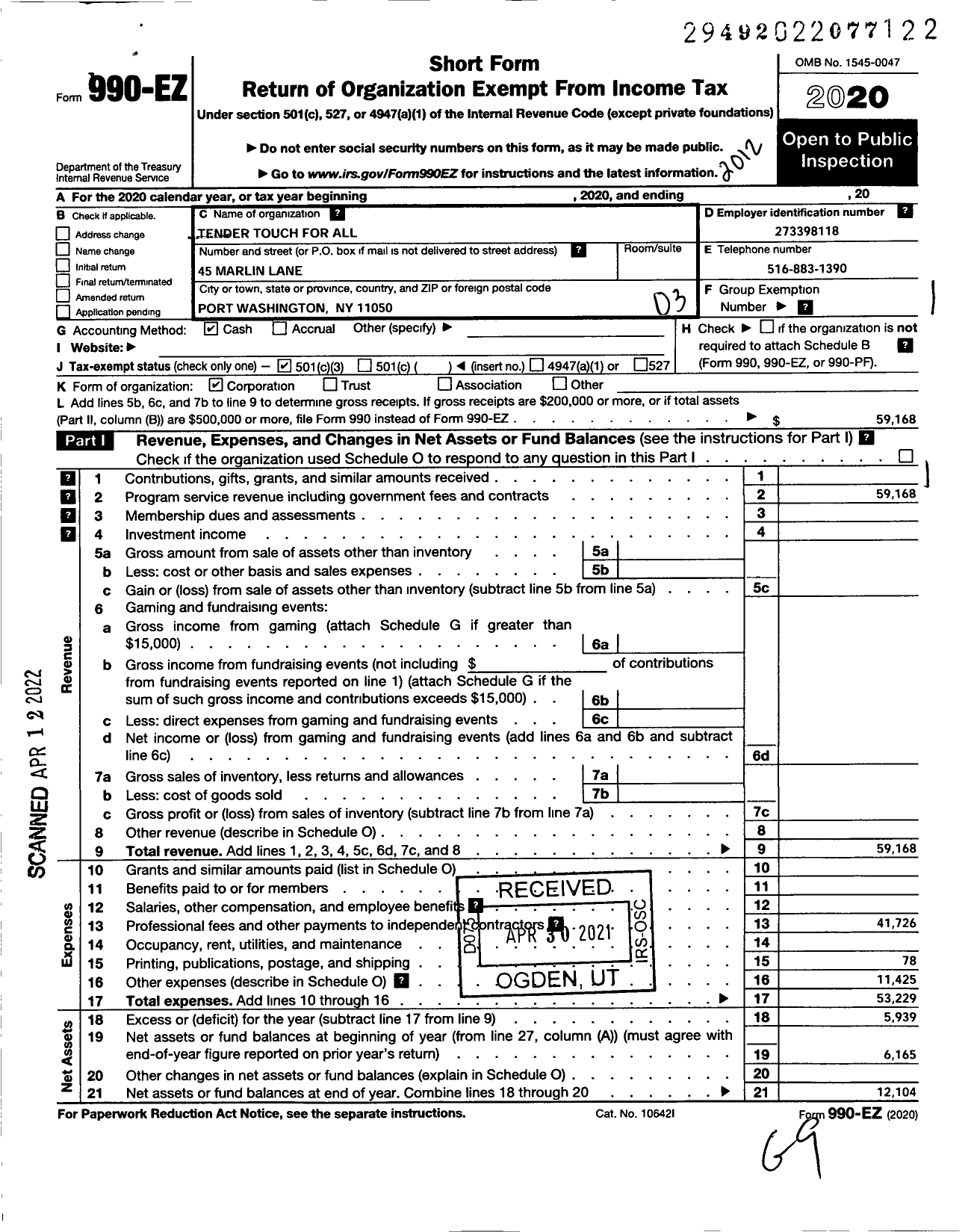 Image of first page of 2020 Form 990EZ for Tender Touch for All