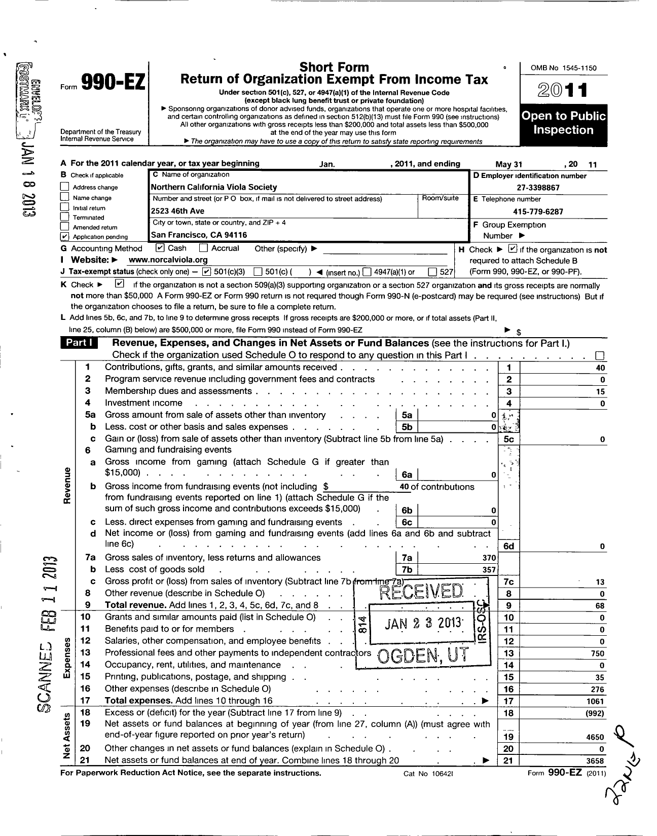 Image of first page of 2010 Form 990EZ for Northern California Viola Society