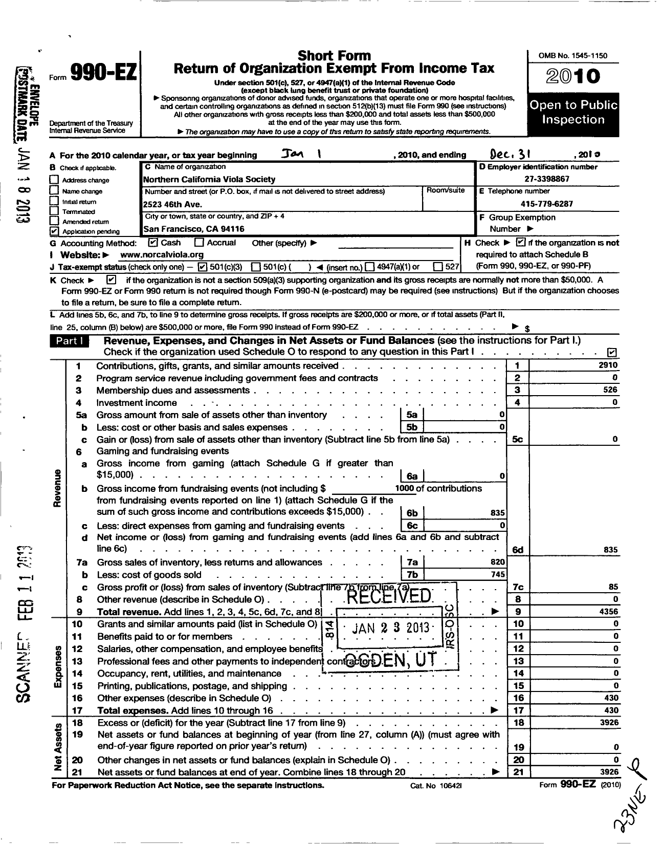 Image of first page of 2010 Form 990EZ for Northern California Viola Society