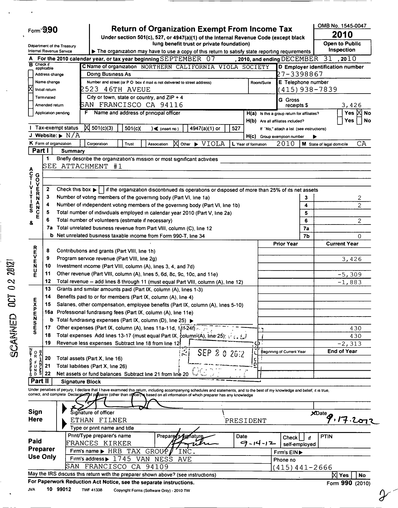 Image of first page of 2010 Form 990 for Northern California Viola Society