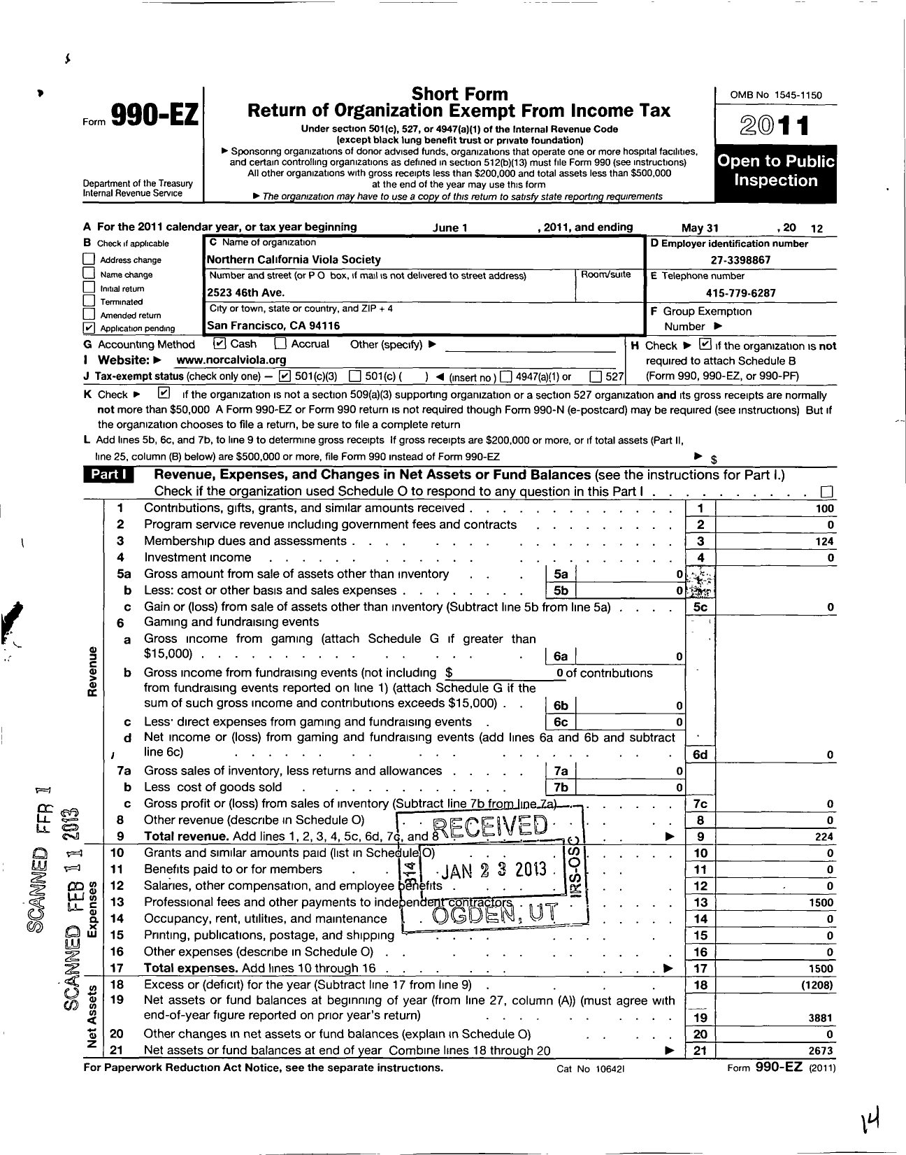 Image of first page of 2011 Form 990EZ for Northern California Viola Society