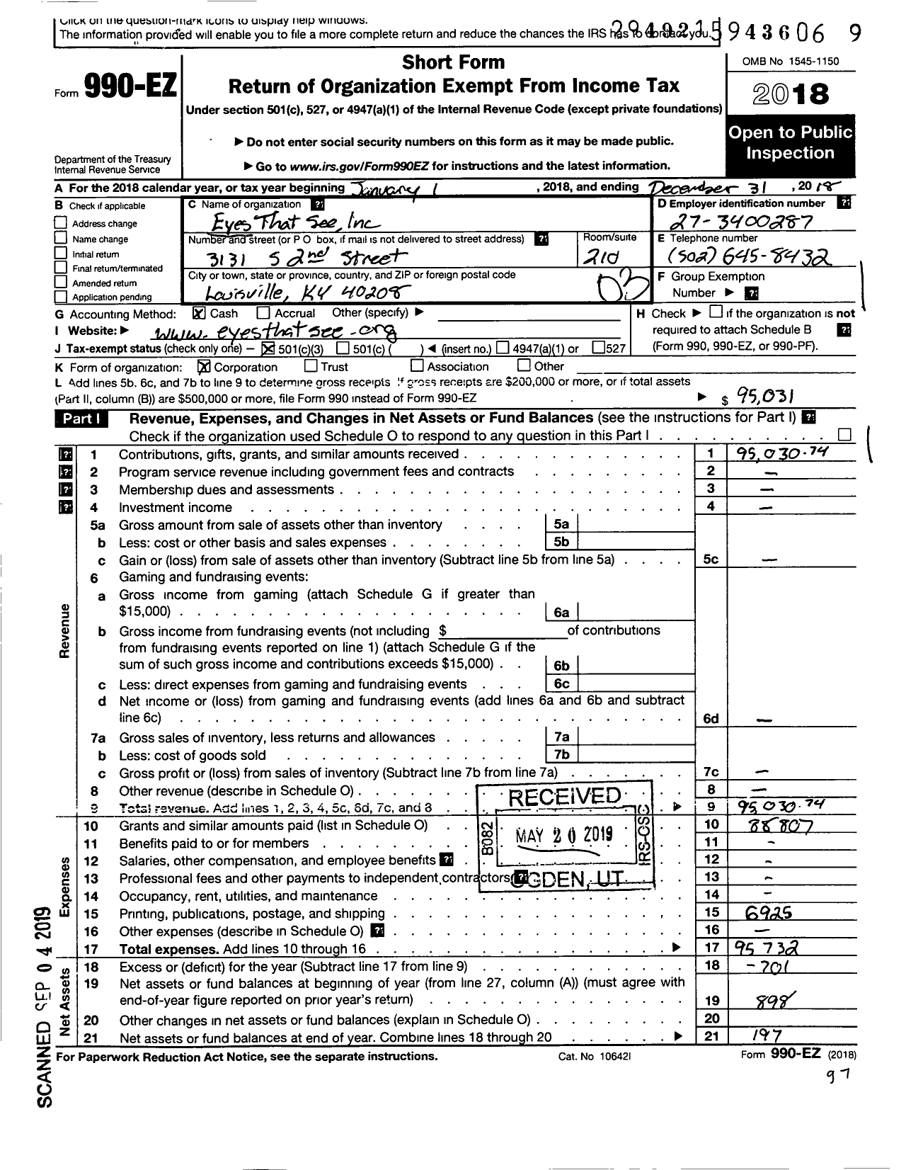 Image of first page of 2018 Form 990EZ for Eyes That See
