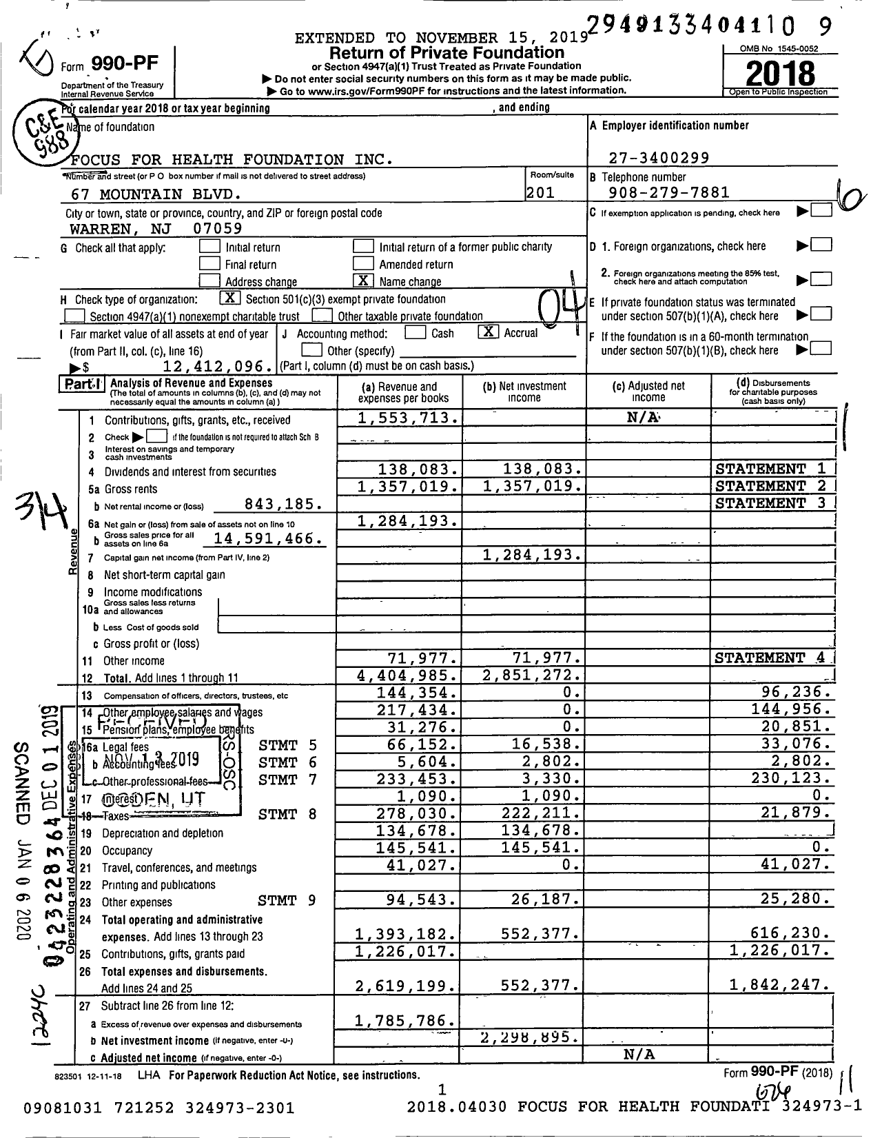 Image of first page of 2018 Form 990PF for Focus for Health (FFH)