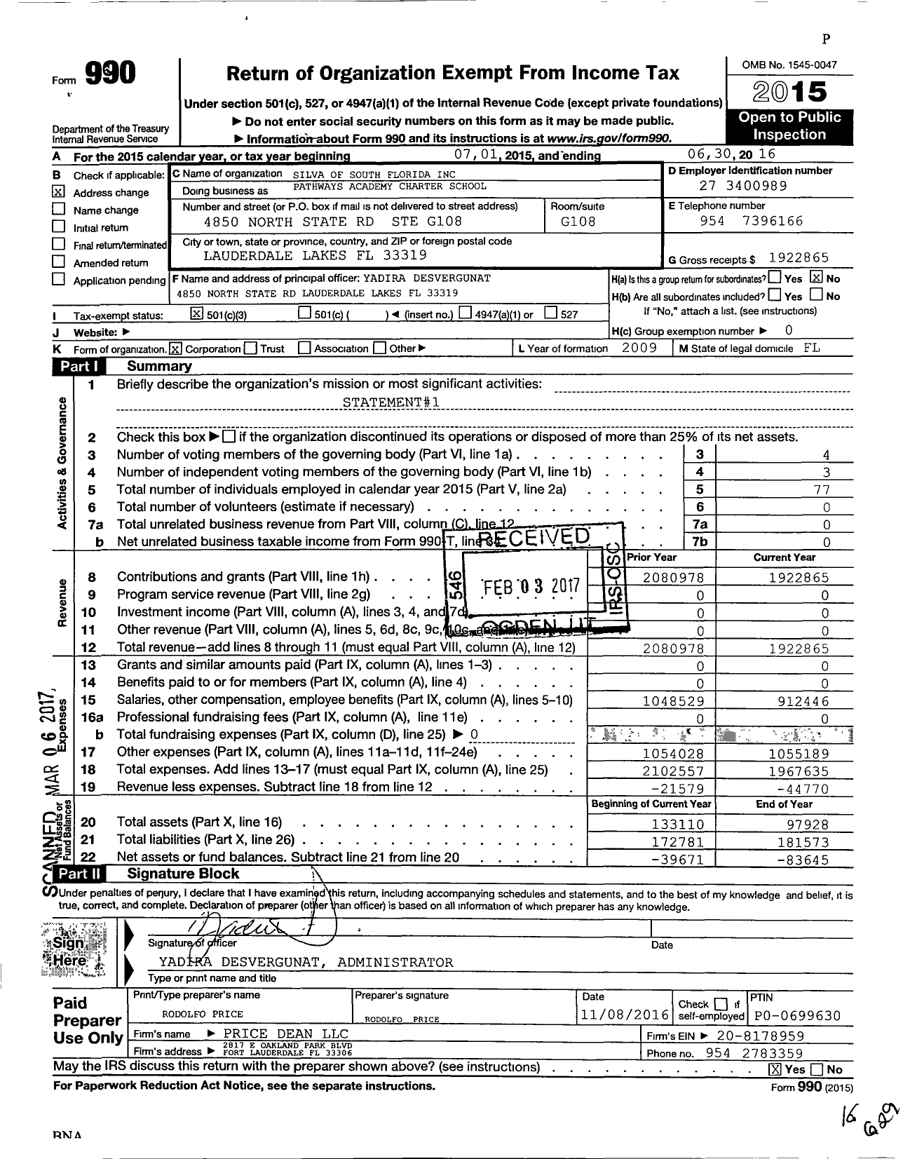 Image of first page of 2015 Form 990 for Silva of South Florida