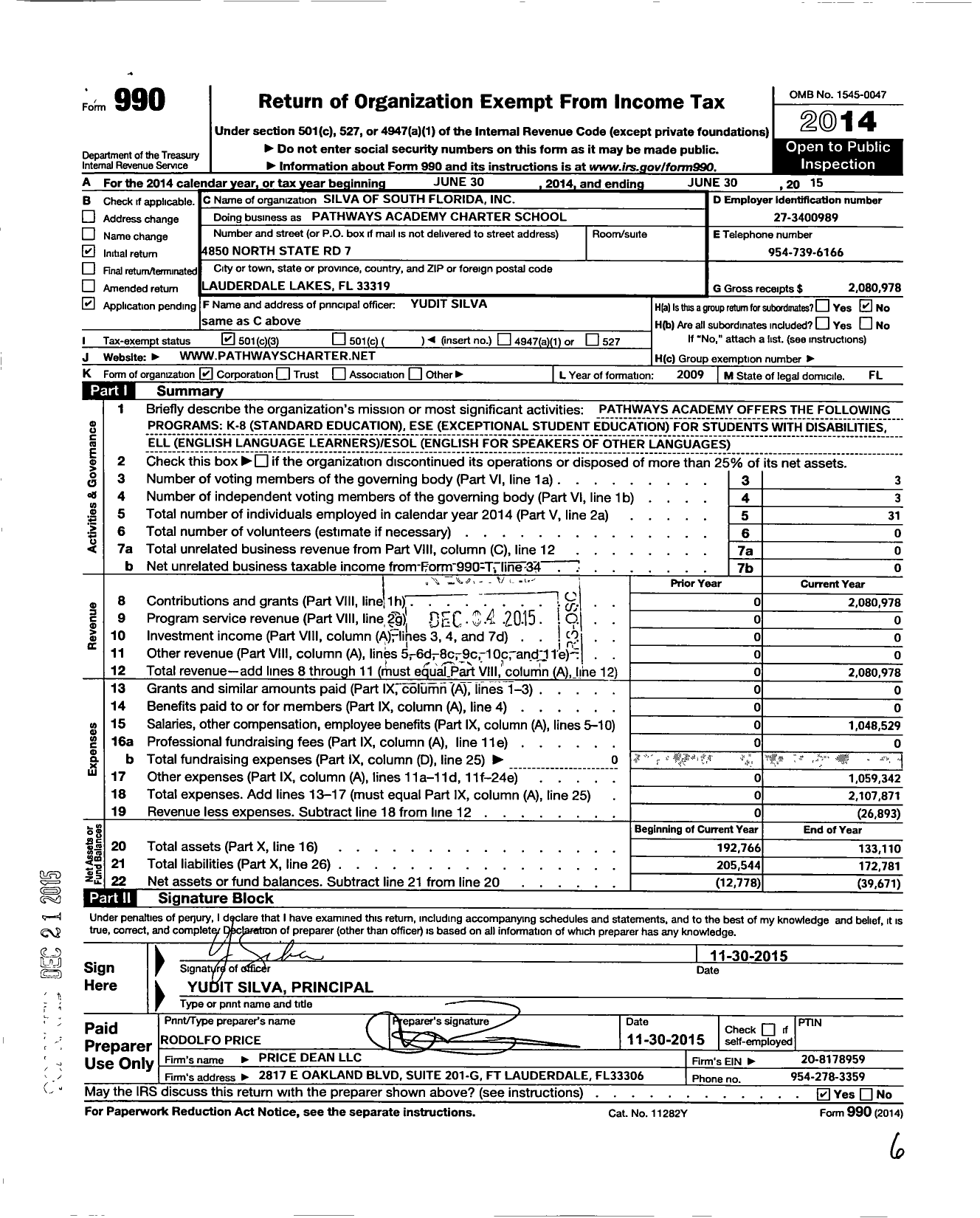 Image of first page of 2014 Form 990 for Silva of South Florida