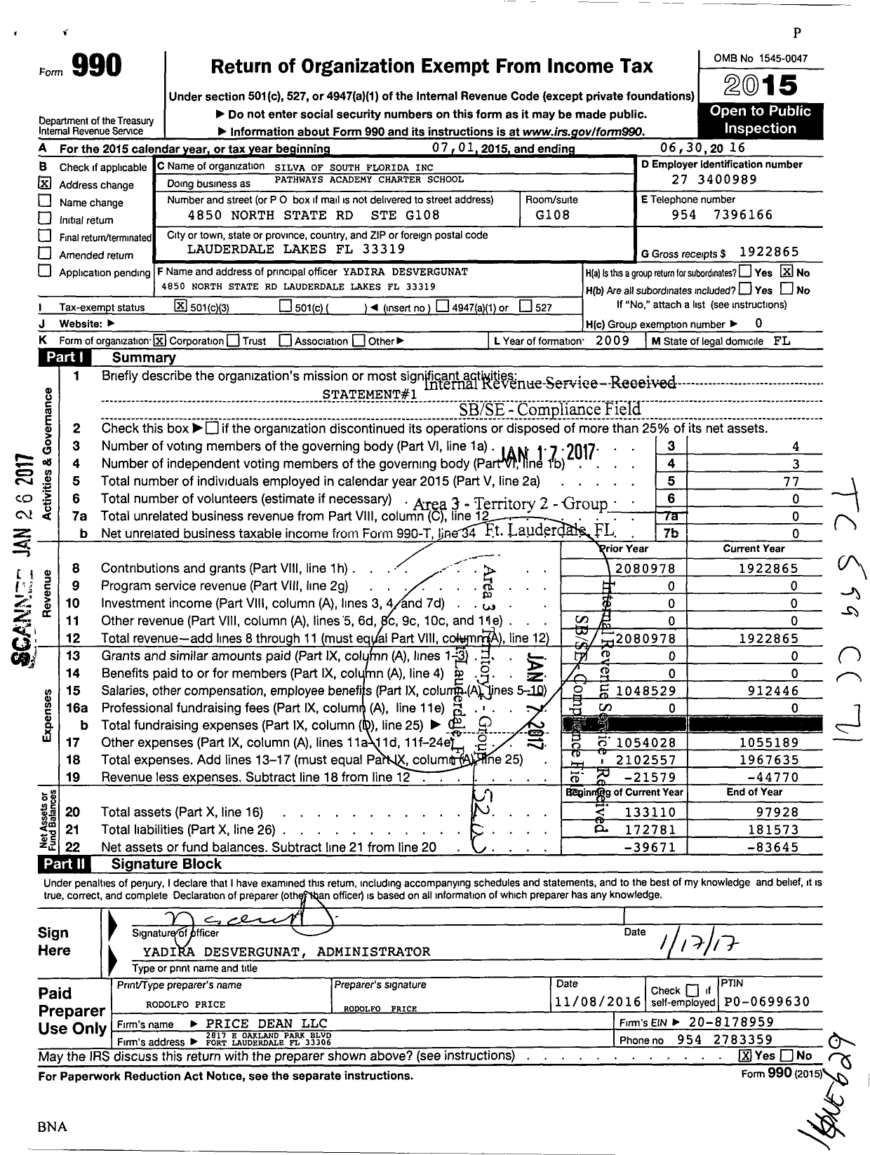 Image of first page of 2015 Form 990 for Silva of South Florida