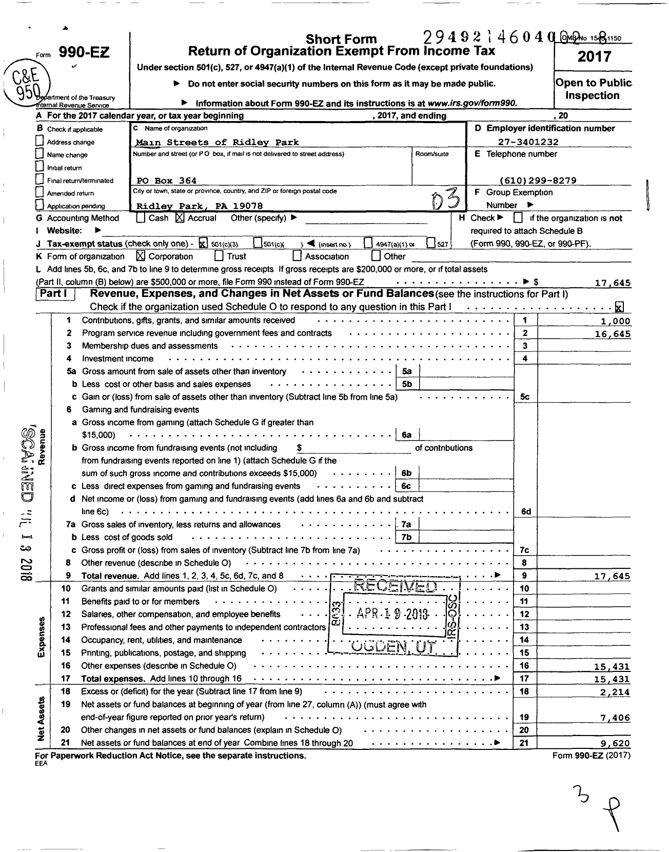 Image of first page of 2017 Form 990EZ for Main Streets of Ridley Park