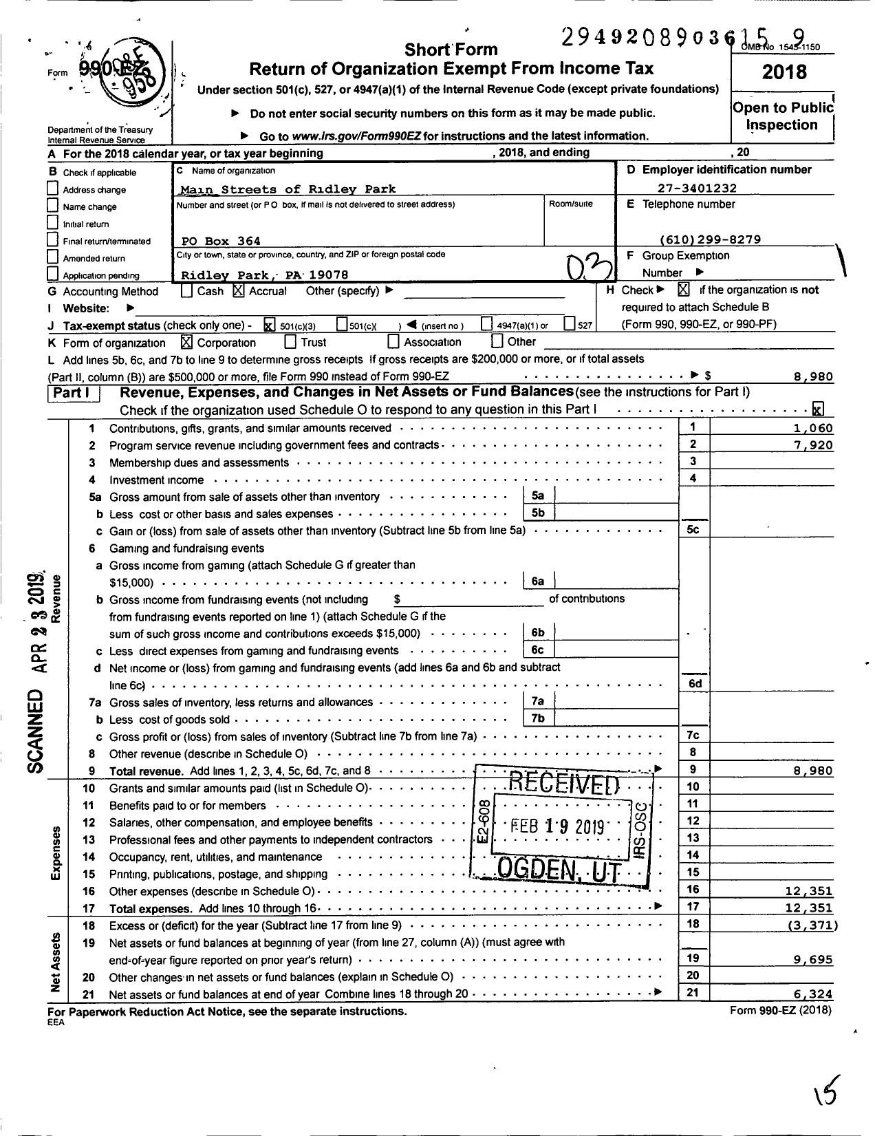 Image of first page of 2018 Form 990EZ for Main Streets of Ridley Park