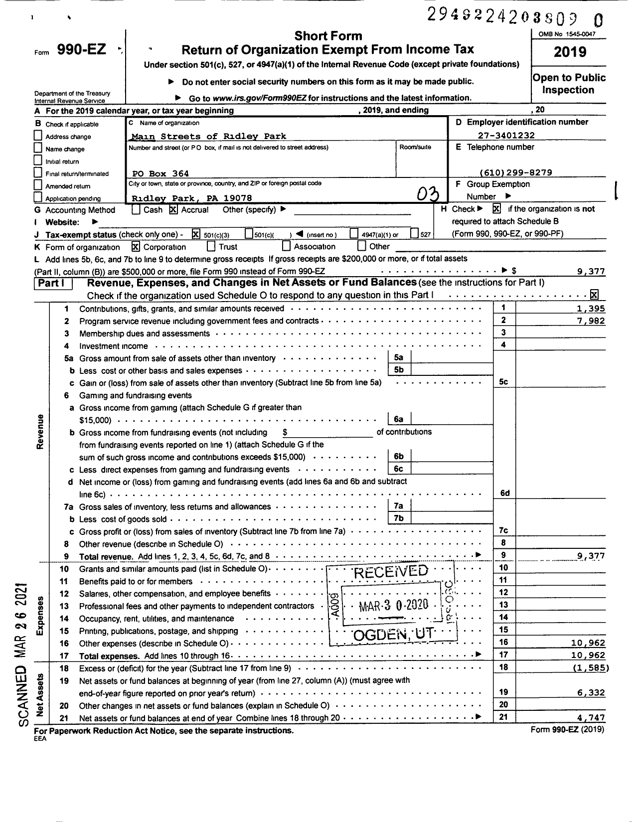 Image of first page of 2019 Form 990EZ for Main Streets of Ridley Park