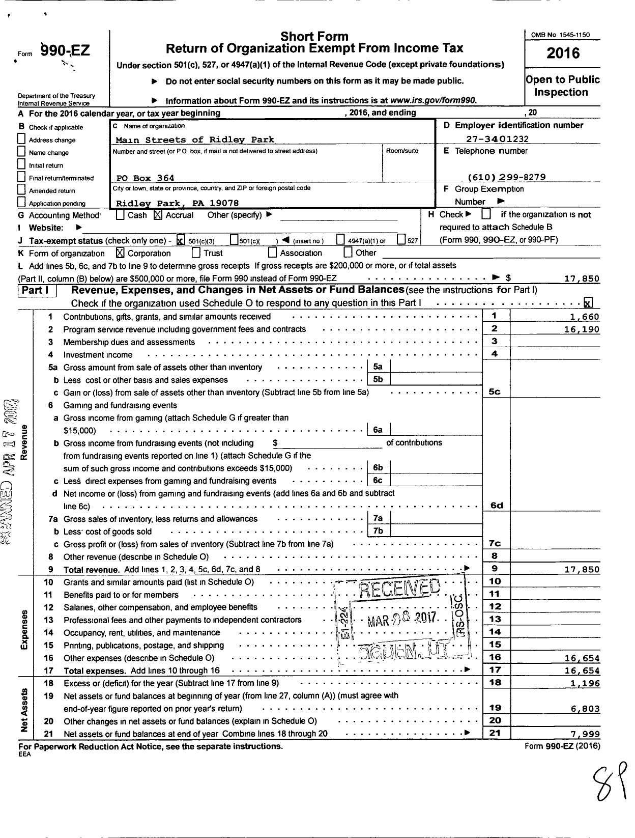 Image of first page of 2016 Form 990EZ for Main Streets of Ridley Park