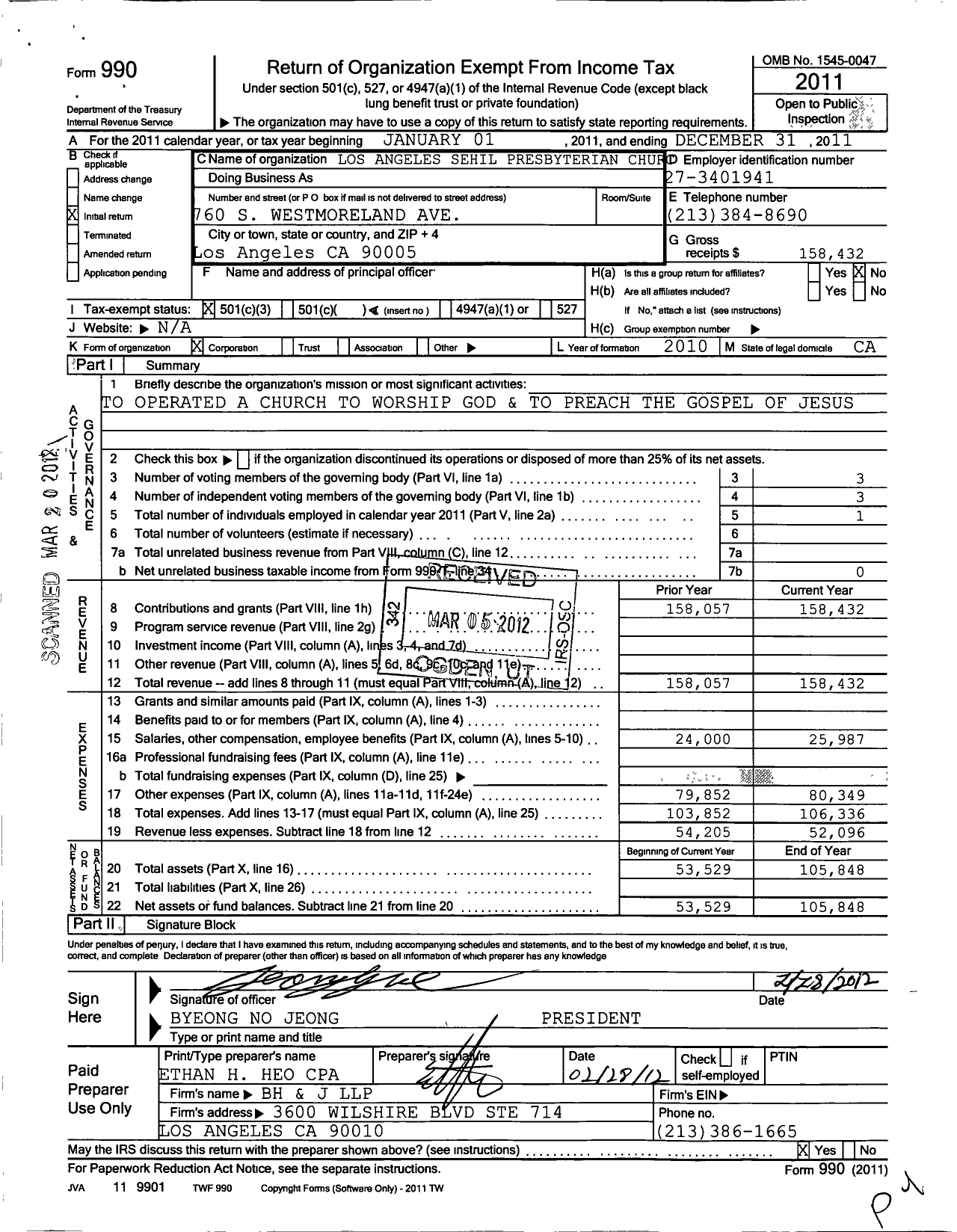 Image of first page of 2011 Form 990 for Los Angeles Seh Il Presbyterian Church