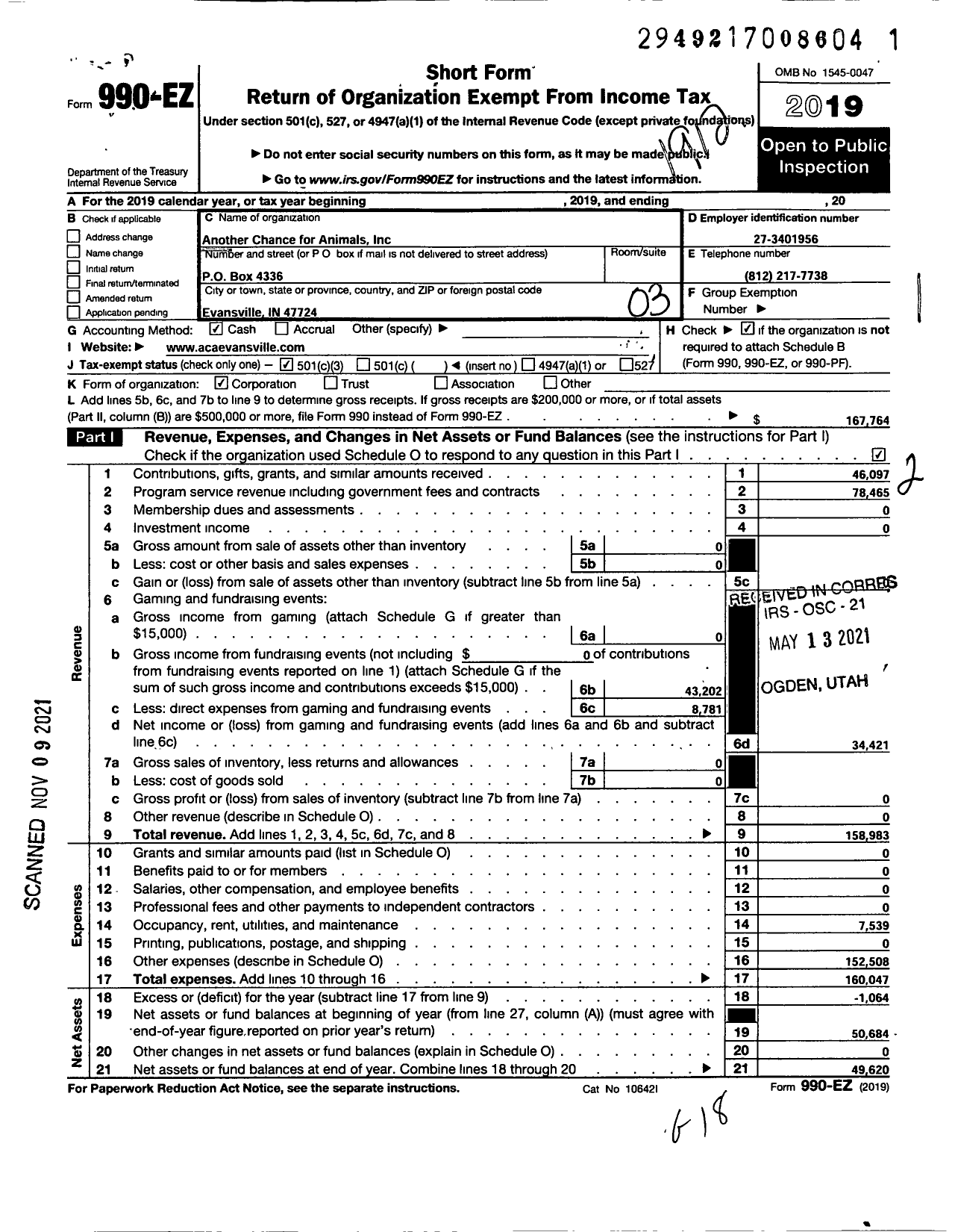 Image of first page of 2019 Form 990EZ for Another Chance For Animals