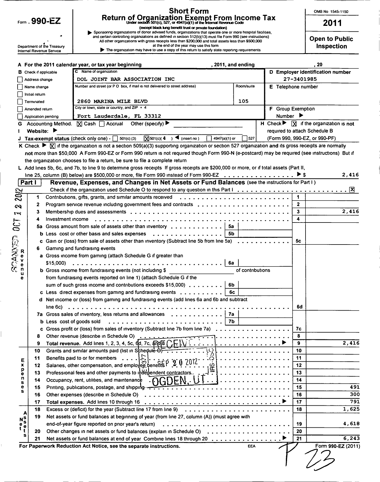 Image of first page of 2011 Form 990EO for Dol Joint Bar Association