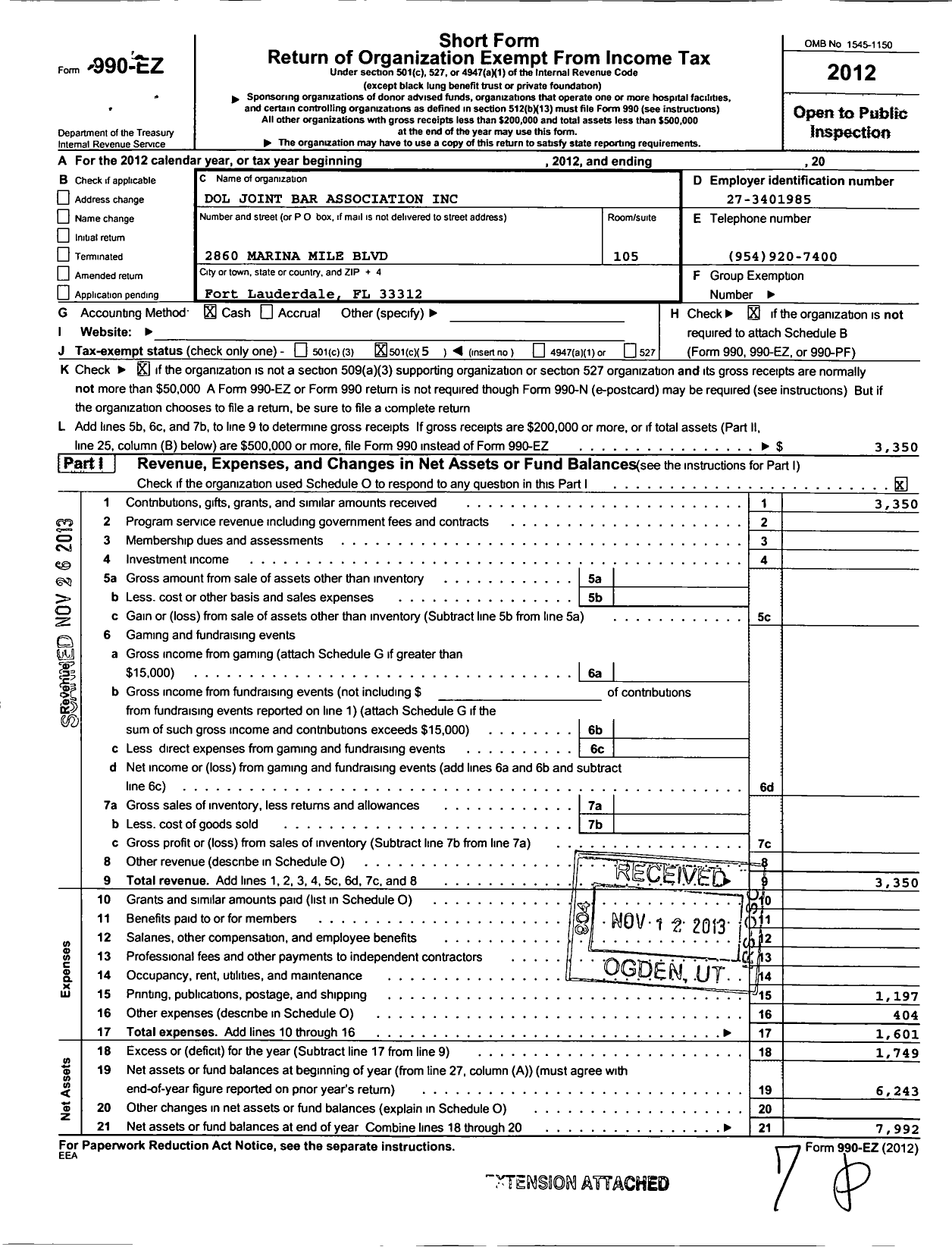 Image of first page of 2012 Form 990EO for Dol Joint Bar Association