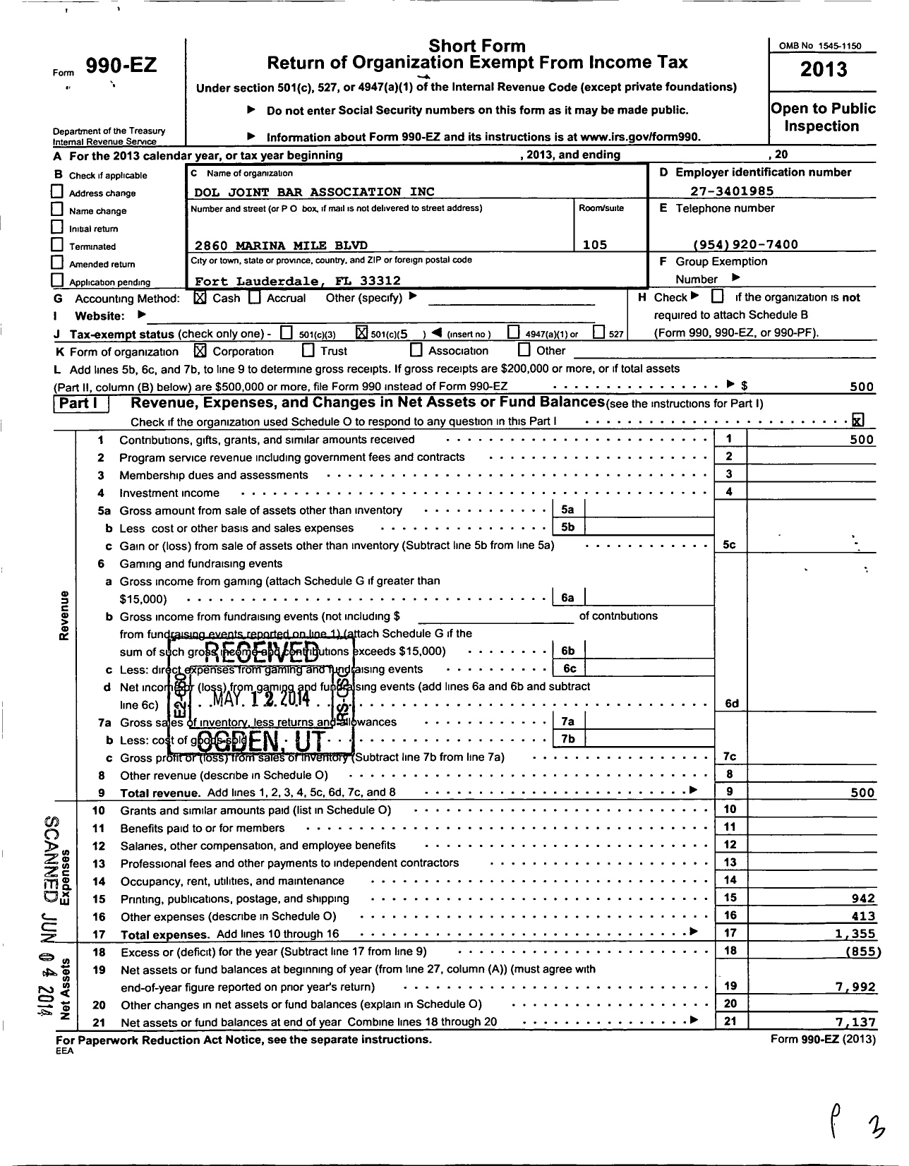 Image of first page of 2013 Form 990EO for Dol Joint Bar Association