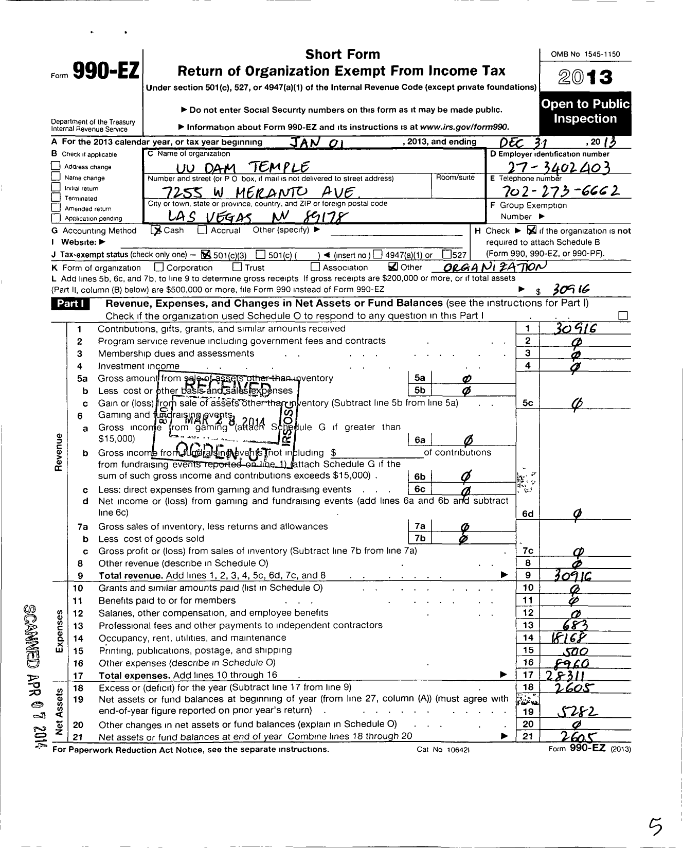 Image of first page of 2013 Form 990EZ for Uu Dam Temple